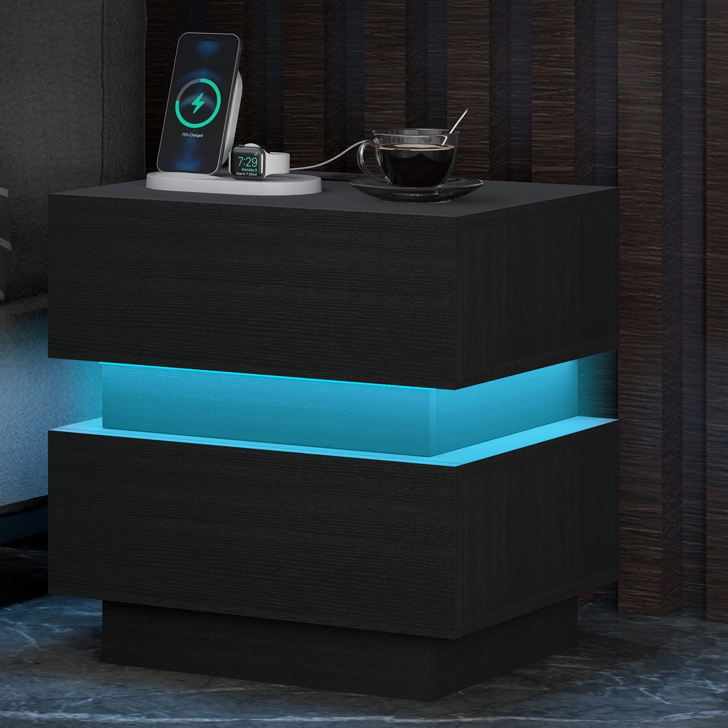 HOMCOM Modern Black Nightstand: LED Light, Charging Station, USB Ports, AC Outlets