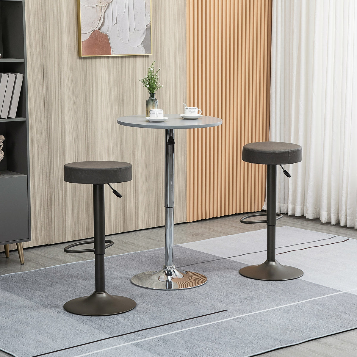 Backless PU Leather Round Swivel Bar Stools, Adjustable, Set of 2, Dark Grey