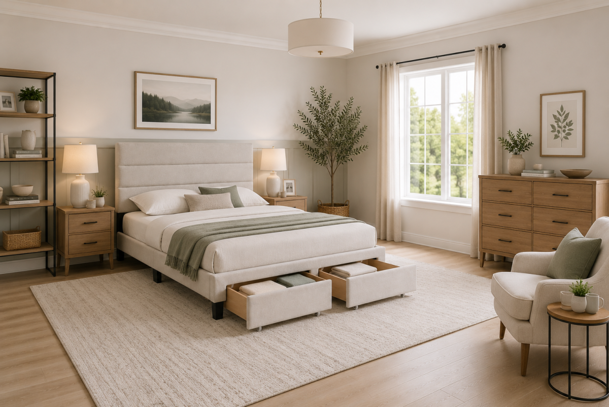 Channel-Tufted Solid Wood Platform Storage Bed