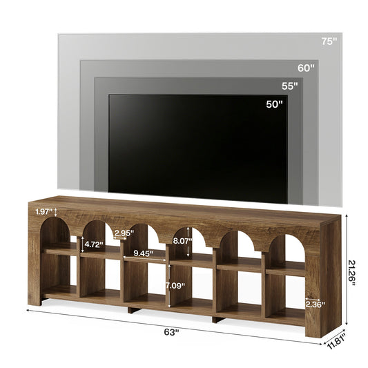 63” TV Stand for 50-75" TVs, Farmhouse Entertainment Center with 2-Tier Arched Cubbies