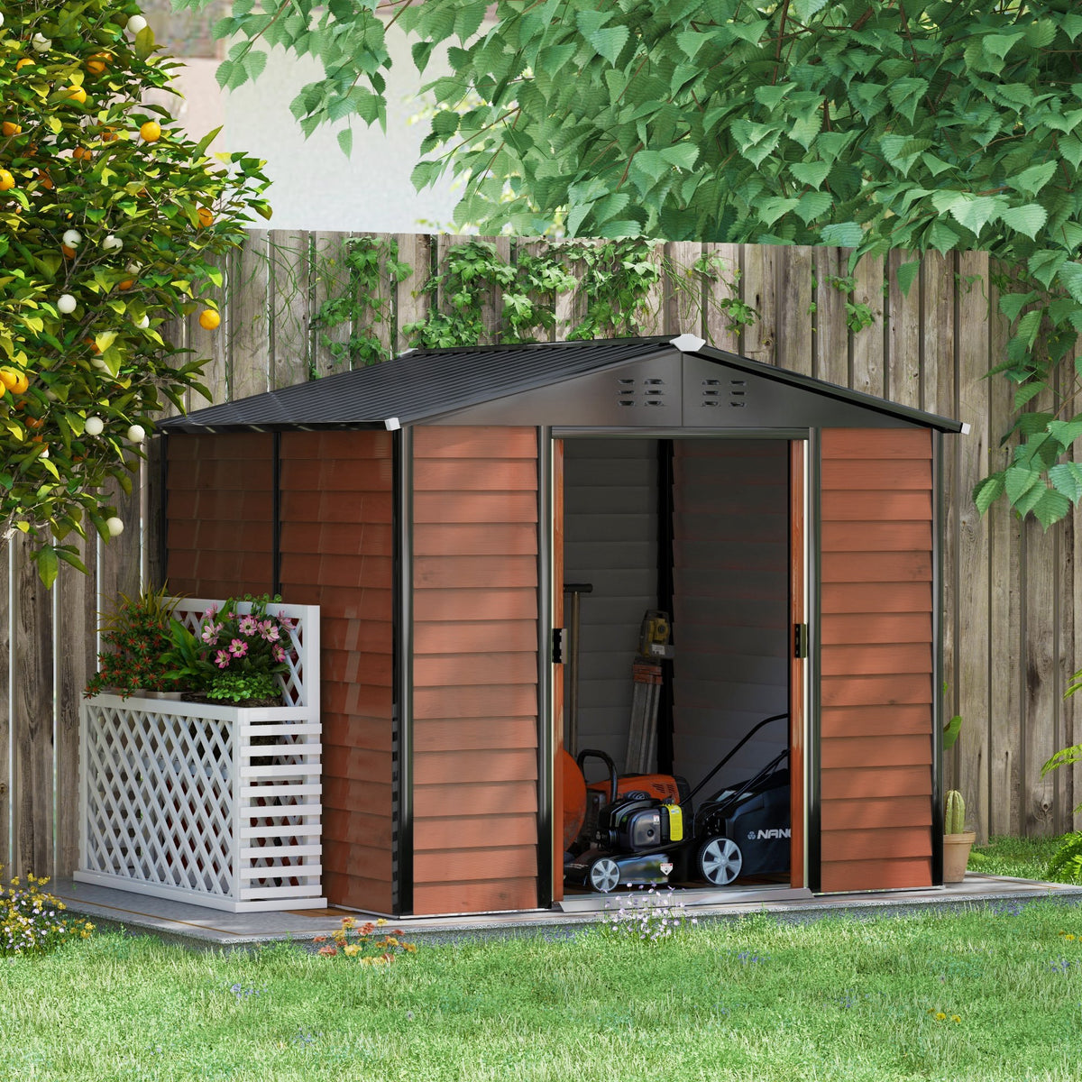 8' x 7' Outdoor Storage Shed, Galvanized Steel Metal Garden Shed with Lockable Doors, Floor Frame, Vents, Lock and Gloves for Backyard, Lawn, Patio