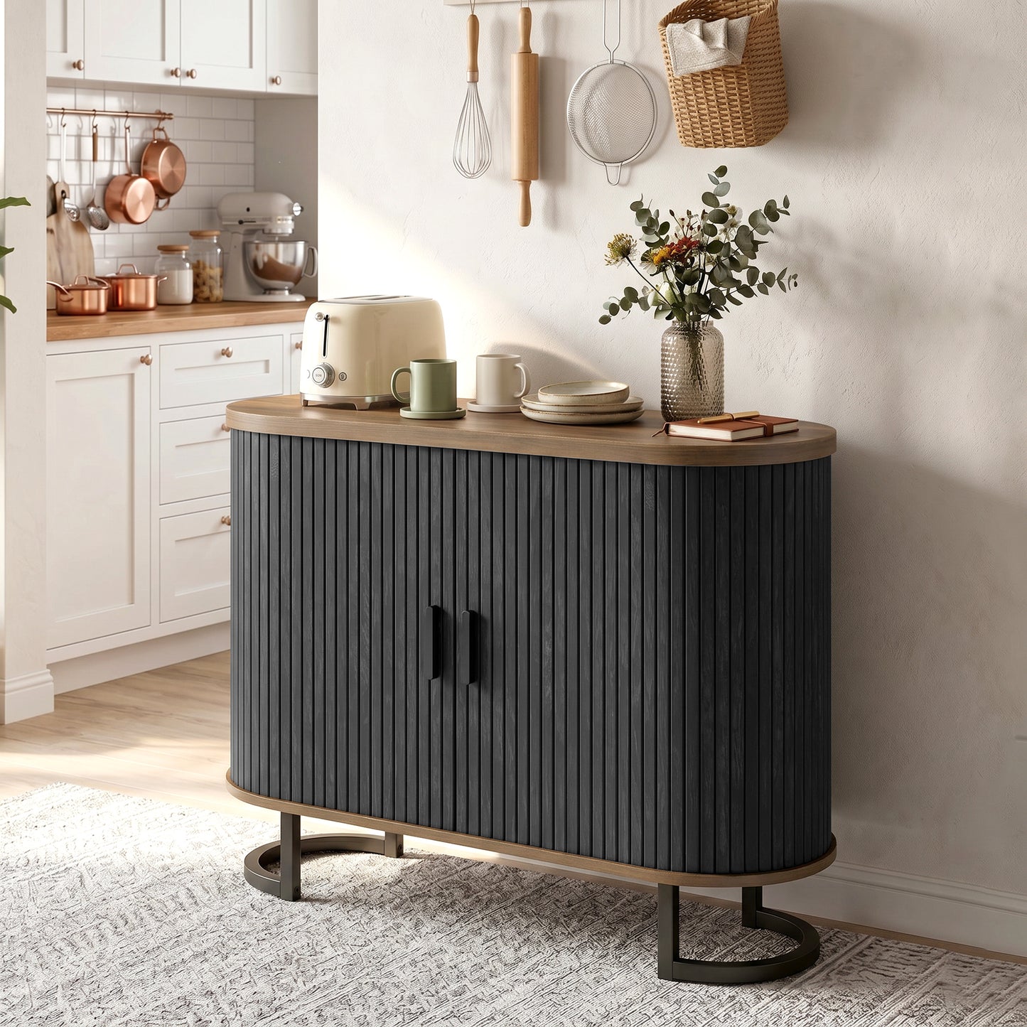 HOMCOM Sideboard Buffet Cabinet Curved Tambour Doors Brown Black