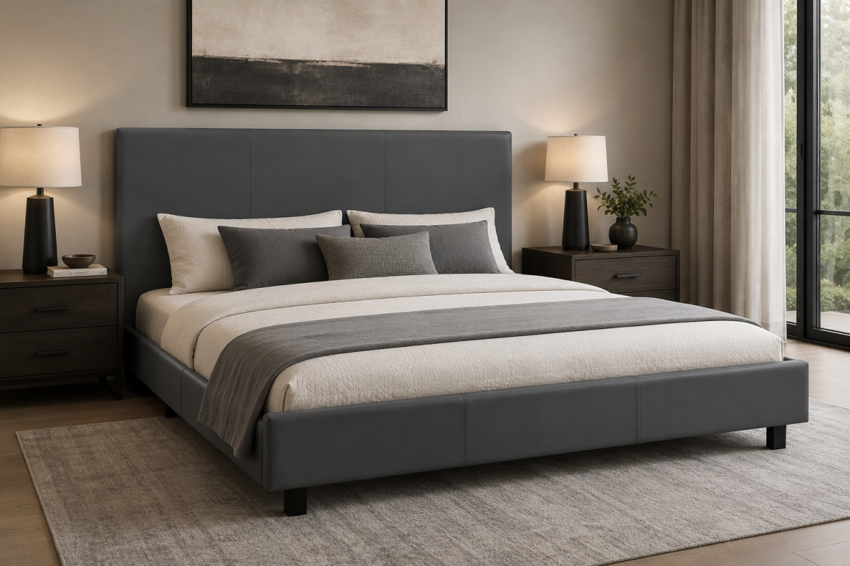 Faux Leather Platform Bed – Grey