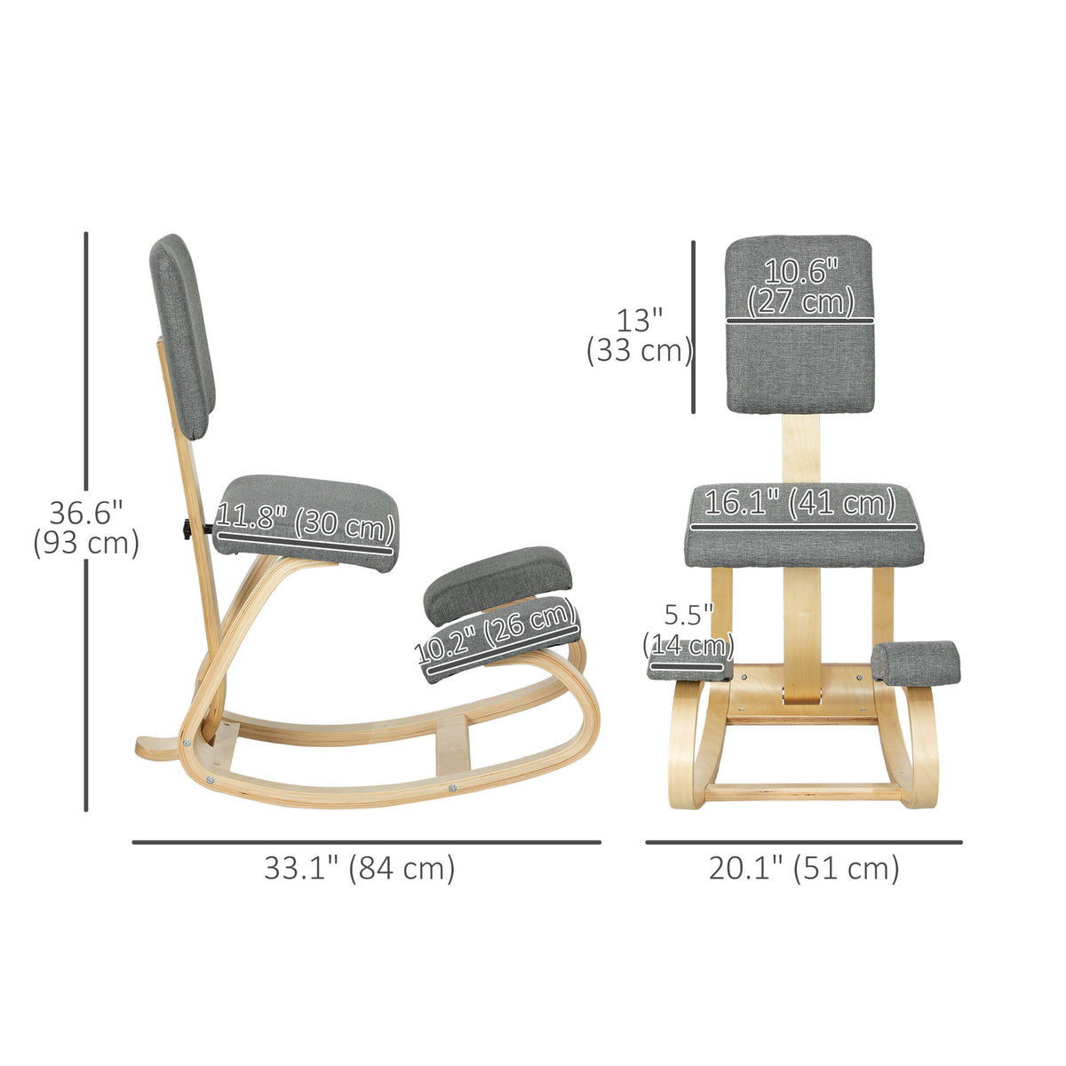 Ergonomic Kneeling Chair, Rocking Wood Kneel Stool with Backrest for Improved Posture, Grey