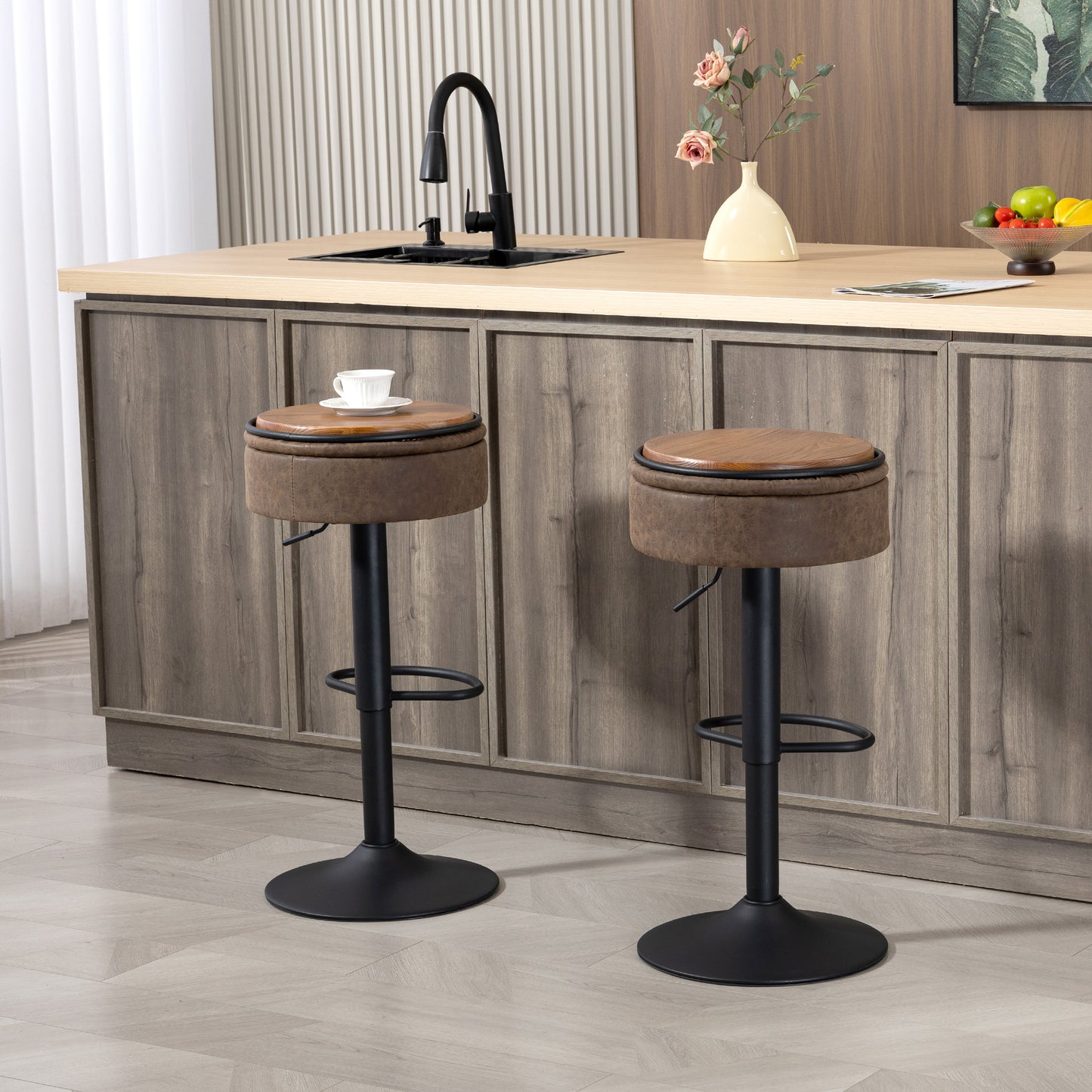 HOMCOM Set of 2 Barstools Swivel Storage Brown