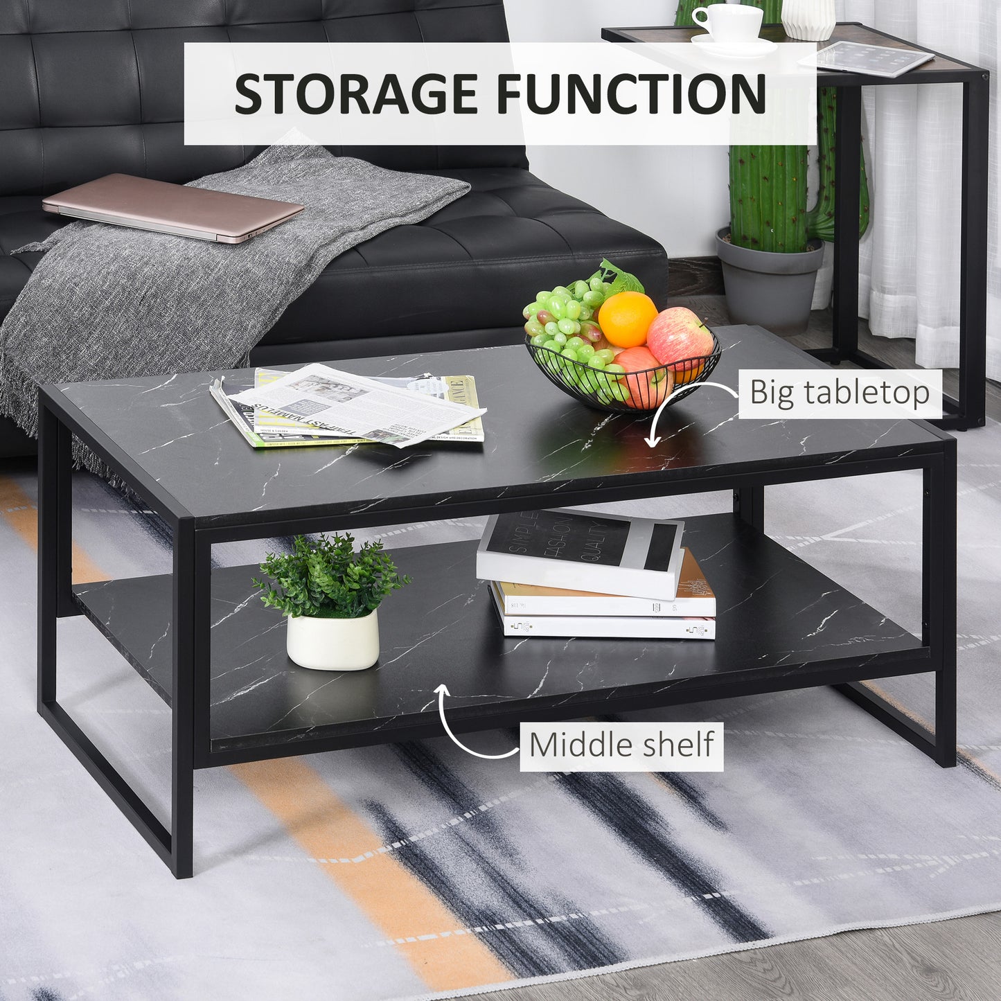 HOMCOM Modern Marble Texture Coffee Table with Storage Shelf for Living Room