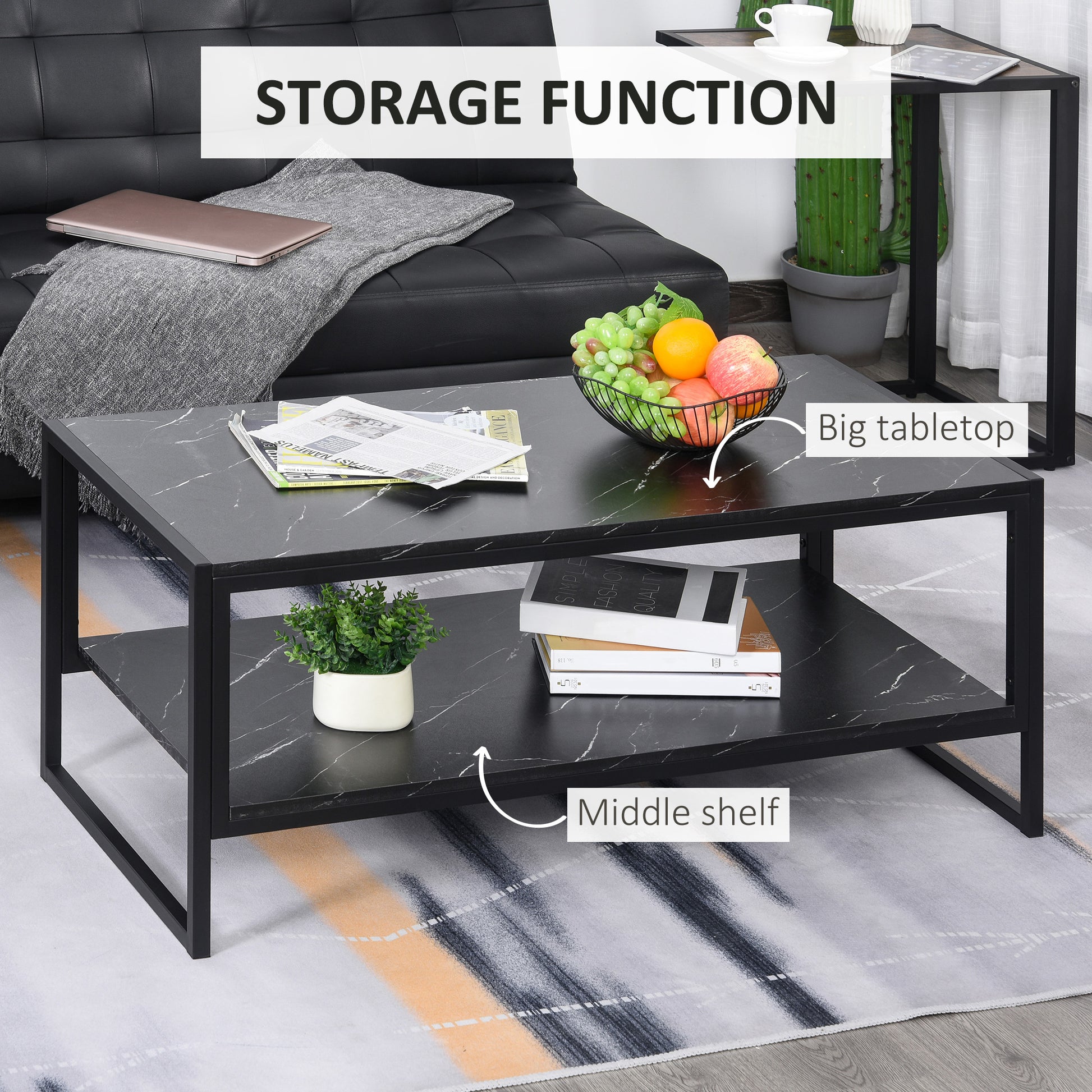 HOMCOM Modern Marble Texture Coffee Table with Storage Shelf for Living Room