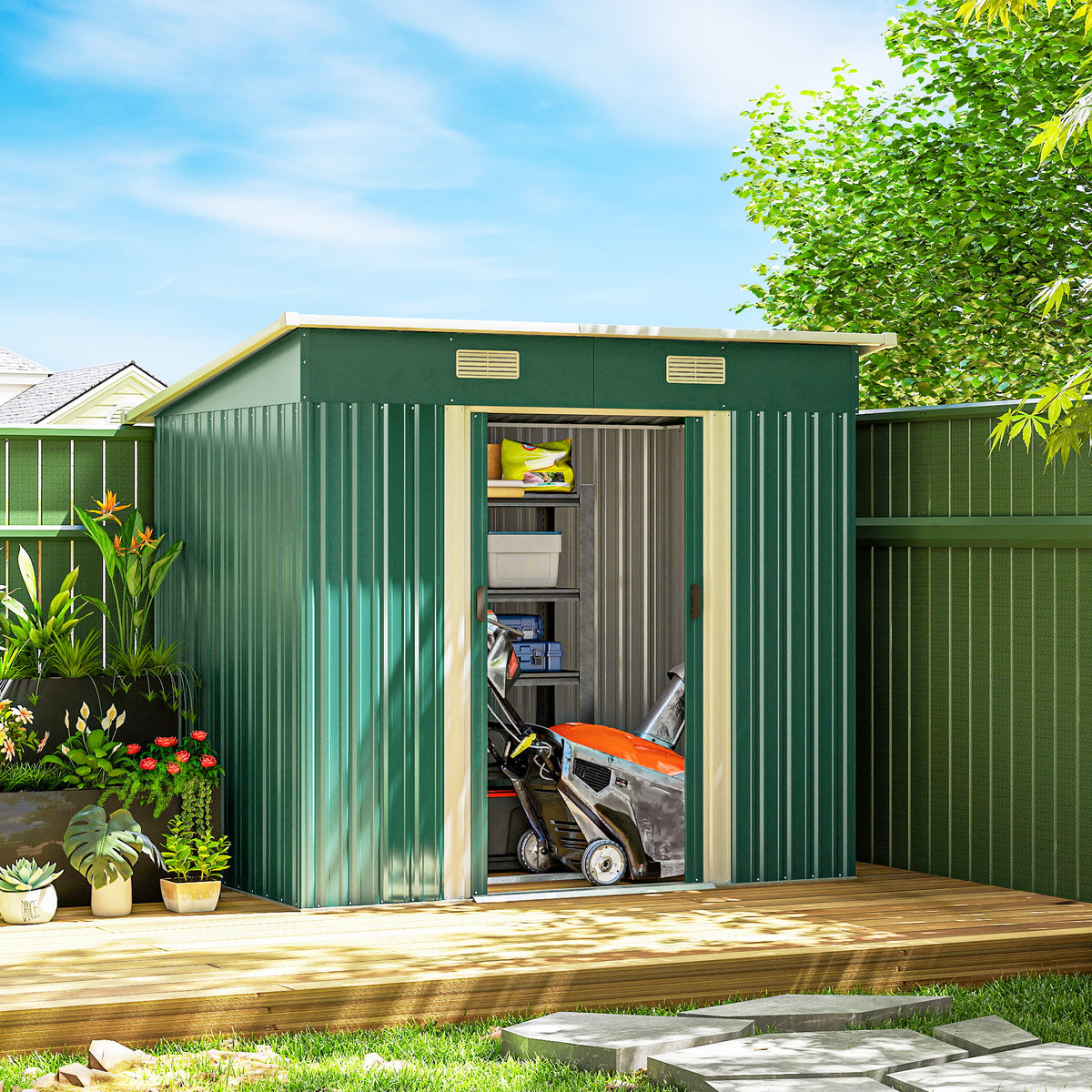 7'x 4' Metal Patio Storage Shed Garden Lockable Shed Tool Utility Storage Unit – 81.5" L x 51.2" W x 71.7" H – Green