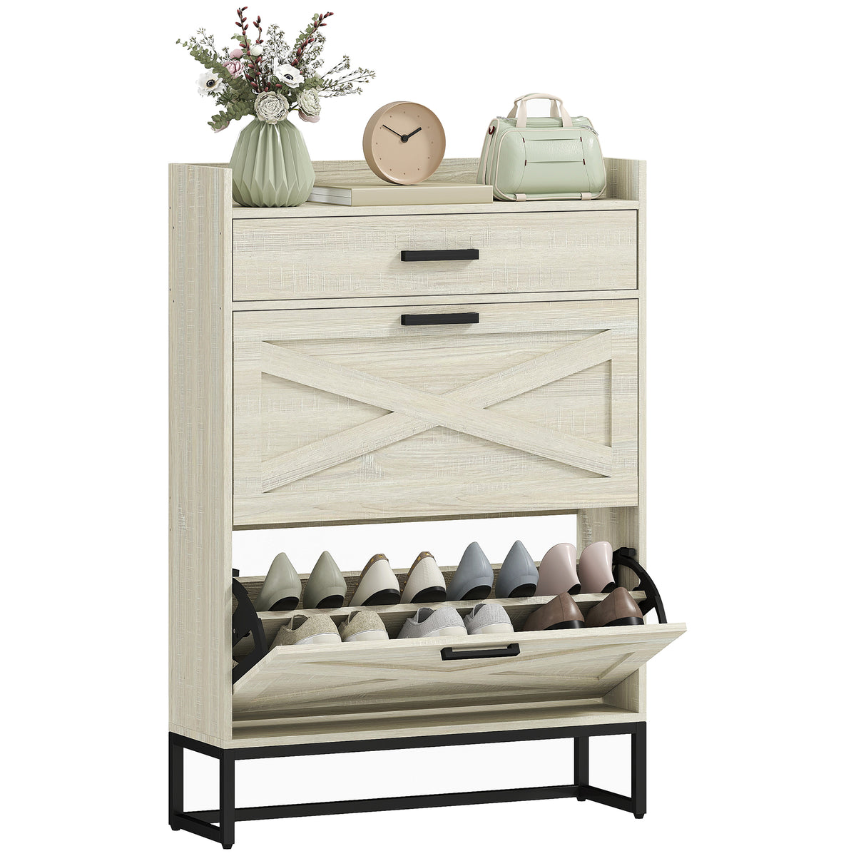 Slim Shoe Storage with 2 Flip Drawers and Adjustable Shelves – 32"W x 45"H