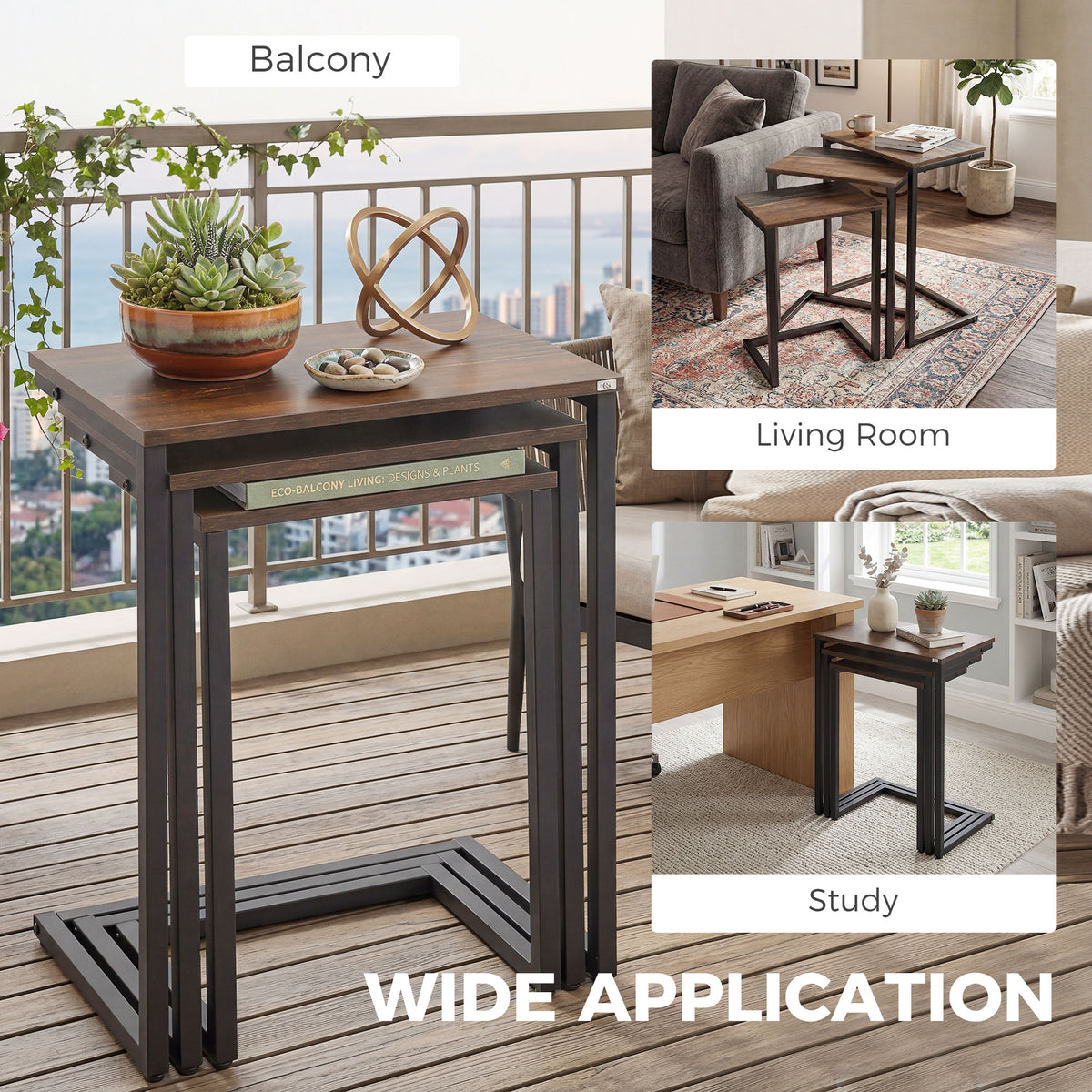 Nesting Side Tables Set of 3 – C-Shaped, Rustic Brown