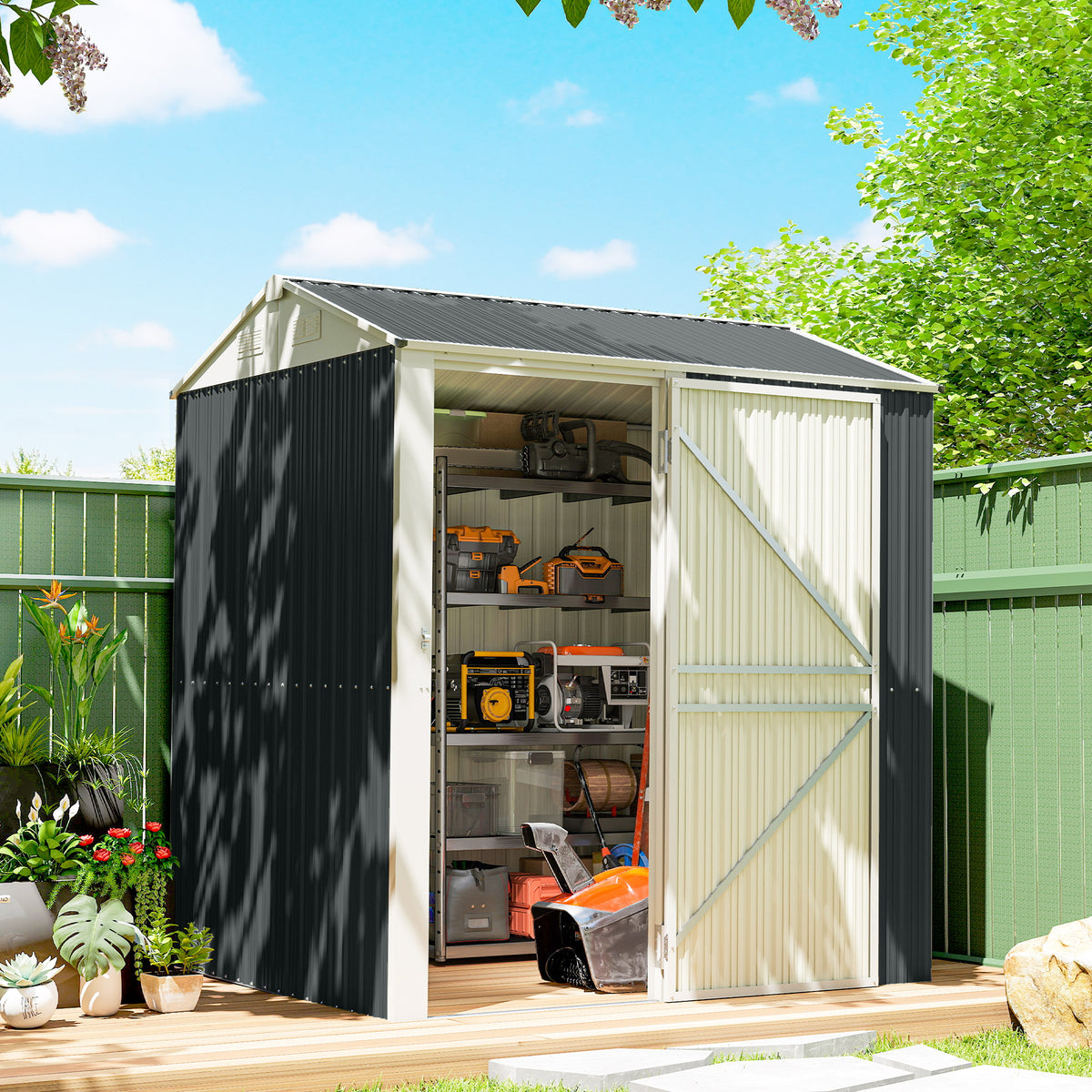 7' x 6' Tall Outdoor Storage Shed, Waterproof Metal Garden Shed with Gloves, Lockable Door – Dark Grey