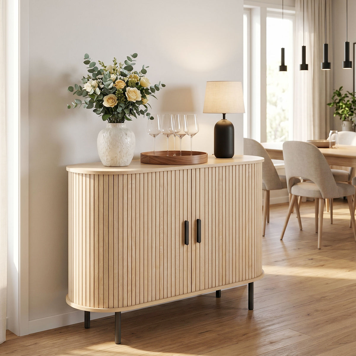 Sideboard Buffet Cabinet with Curved Tambour Doors and Storage – 39"W x 30"H