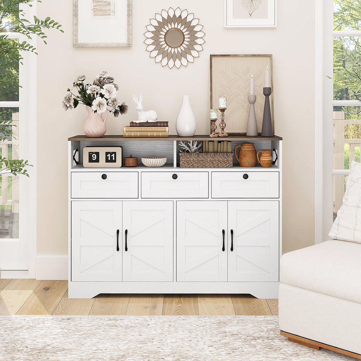 Buffet Cabinet with 4 Barn Doors and 3 Drawers – 47"W x 35"H