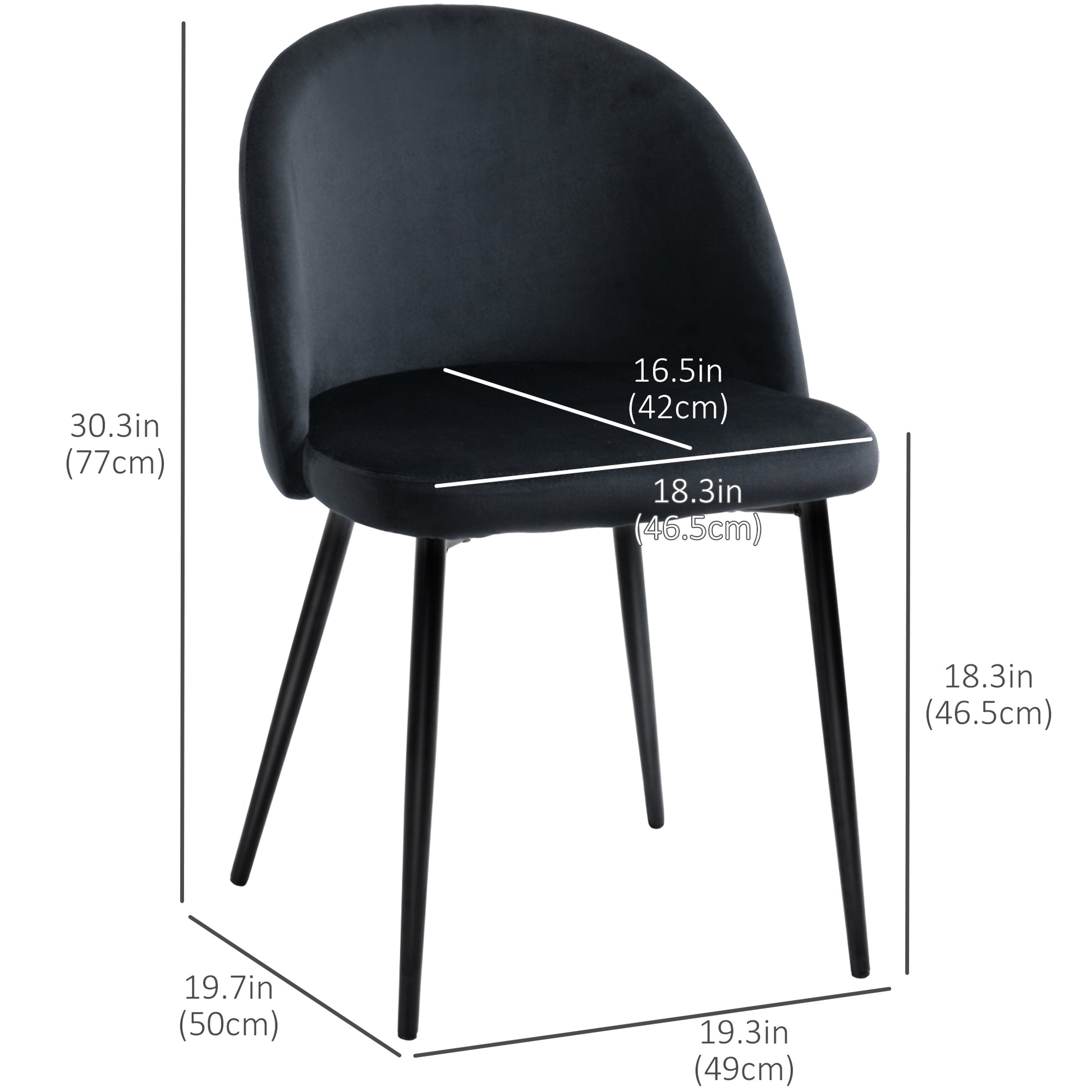 Modern Velvet Mid-Back Dining Chairs Set of 4, Black Upholstery, Sturdy Metal Legs