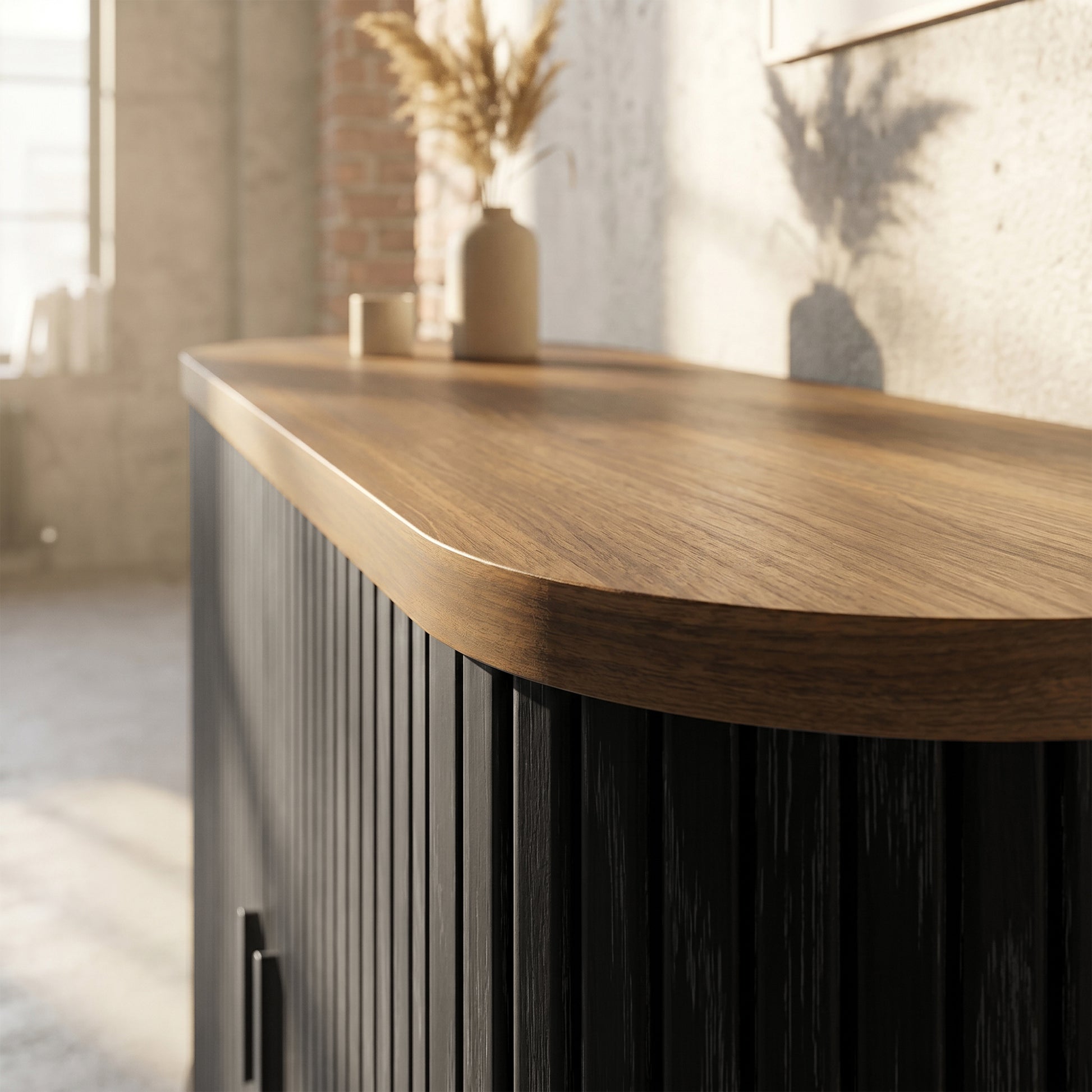 HOMCOM Sideboard Buffet Cabinet Curved Tambour Doors Brown Black