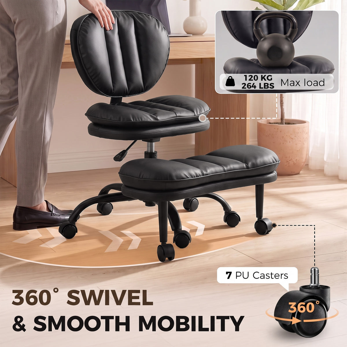 Ergonomic Cross Legged Office Chair with Detachable Footrest, Black