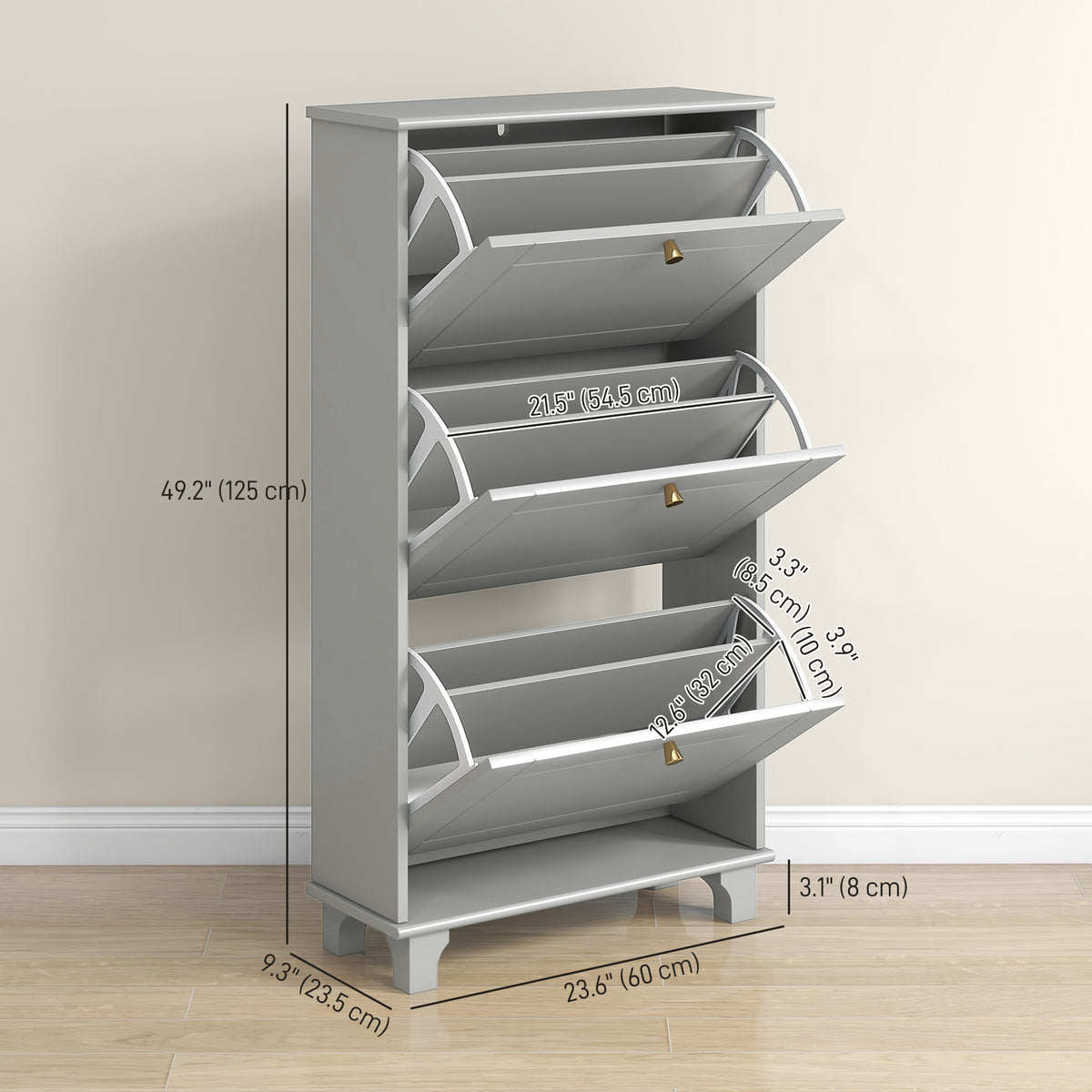 Narrow Shoe Storage with 3 Flip Drawers and Adjustable Shelves – 24"W x 49"H