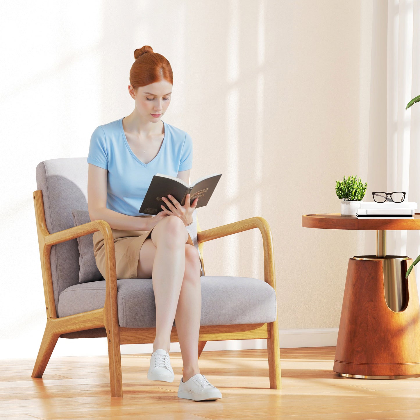 HOMCOM Grey Velvet Fabric Retro Accent Lounge Chair with Wood Legs