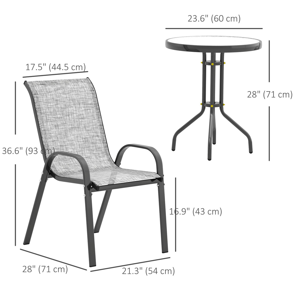 3 Pieces Bistro Set, Small Patio Furniture Set with Stackable Mesh Chairs, Glass Table for Garden, Balcony – Grey