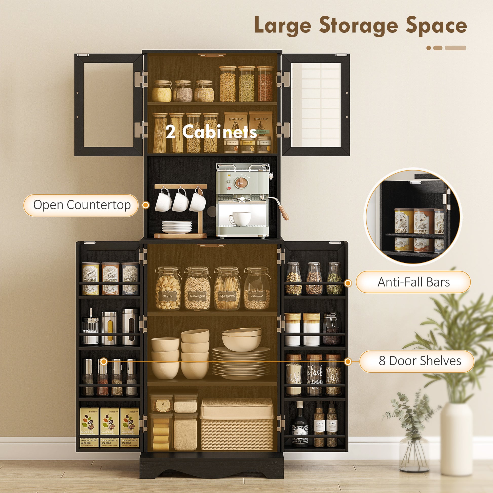 HOMCOM Kitchen Pantry Cabinet Freestanding With Acrylic Doors Black