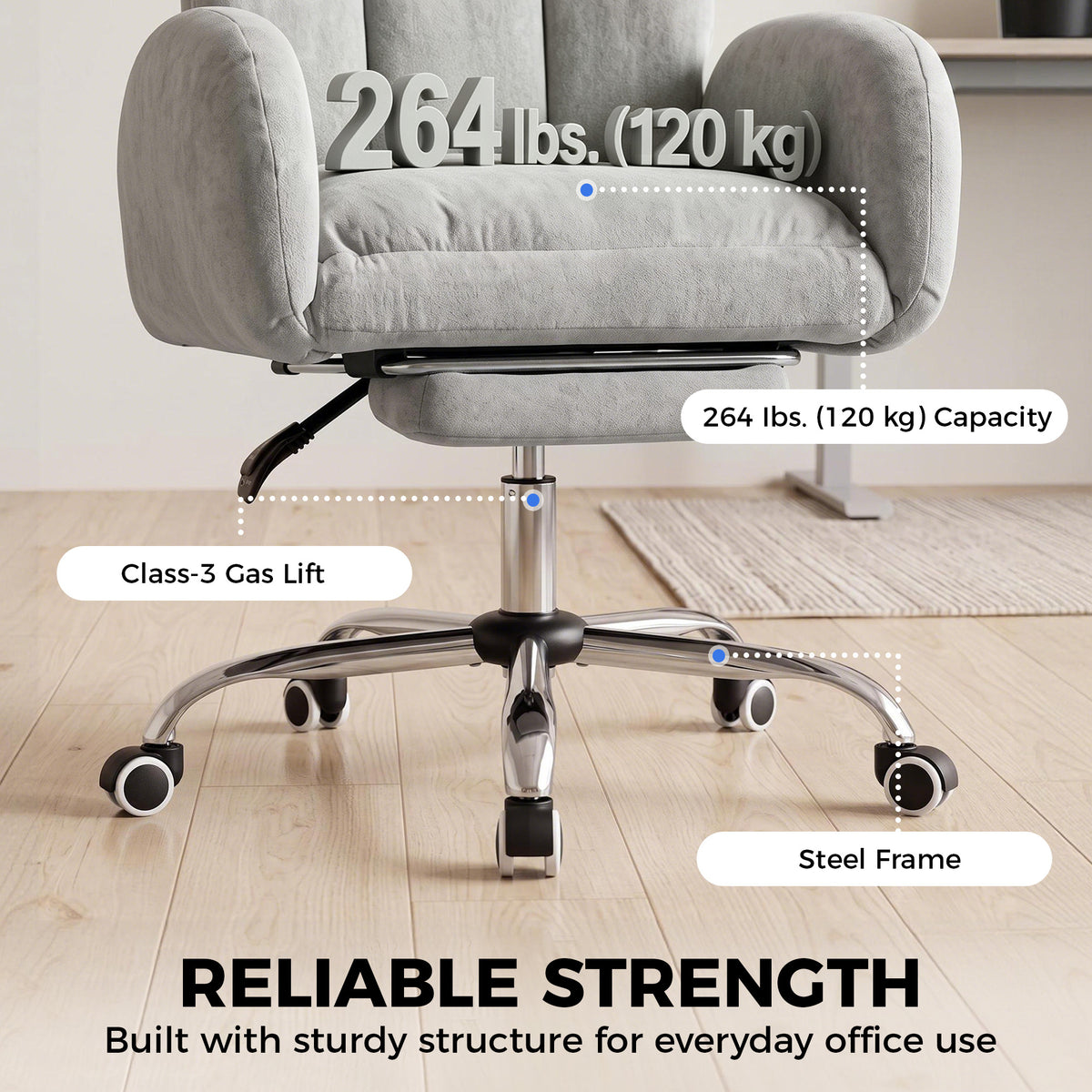 Cross Legged Office Chair with Footrest, 90°-180° Flip Armrests, Task Desk Chair, Light Grey