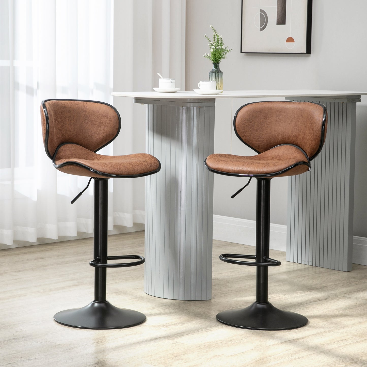HOMCOM Vintage Brown Microfiber Adjustable Swivel Bar Stools, Set of 2