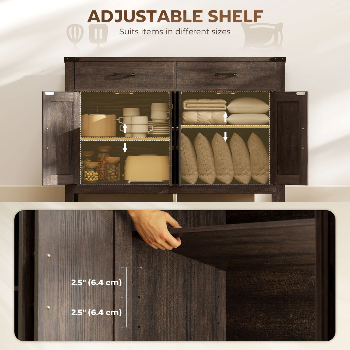 Farmhouse Kitchen Storage Cabinet with 2 Drawers and Shelves – 47"W x 32"H
