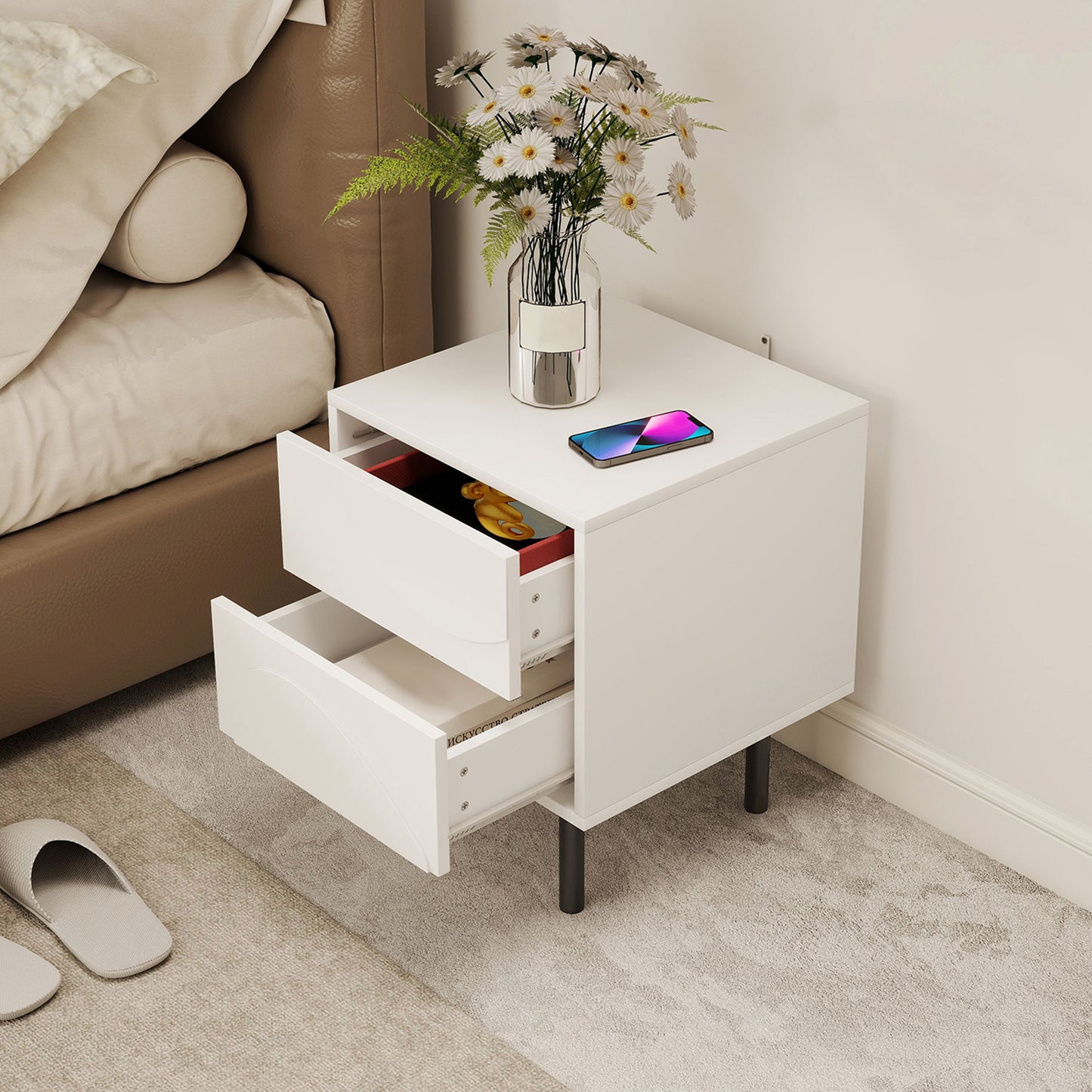 HOMCOM Modern White Nightstand Set of 2 with Push-Open Drawers, Steel Legs