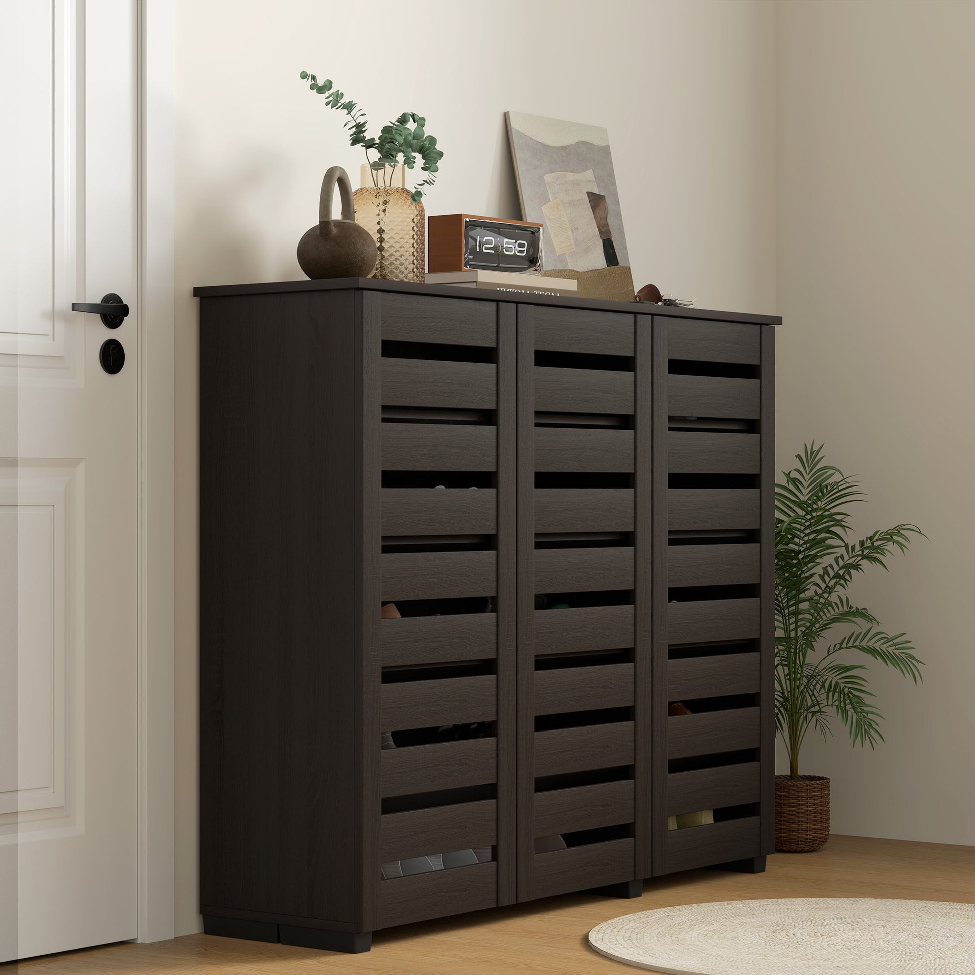 HOMCOM Narrow Entryway Shoe Cabinet, Slatted Doors, Adjustable Shelves, Dark Brown