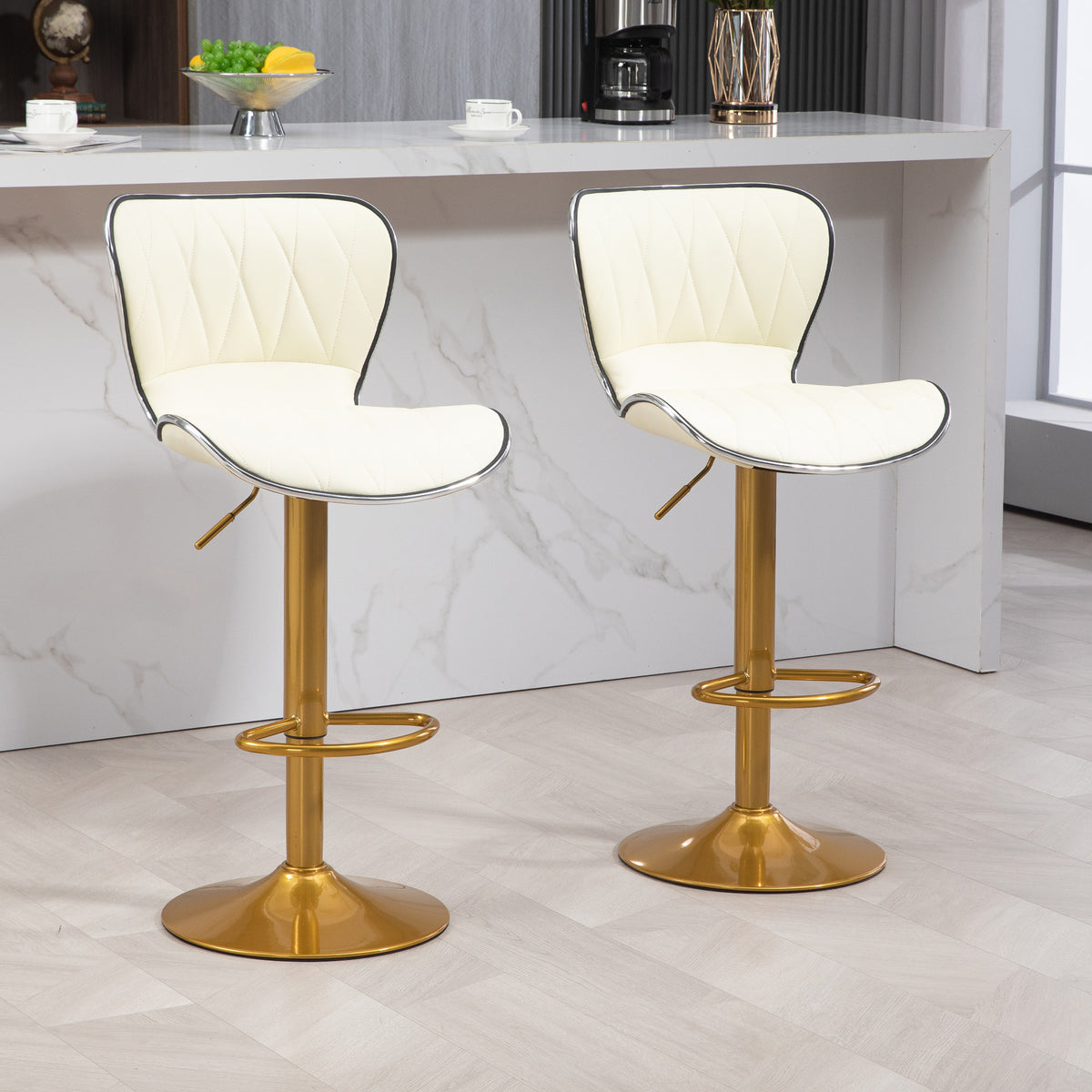 Diamond-Tufted PU Leather Swivel Counter Stools, Gold Base, Set of 2