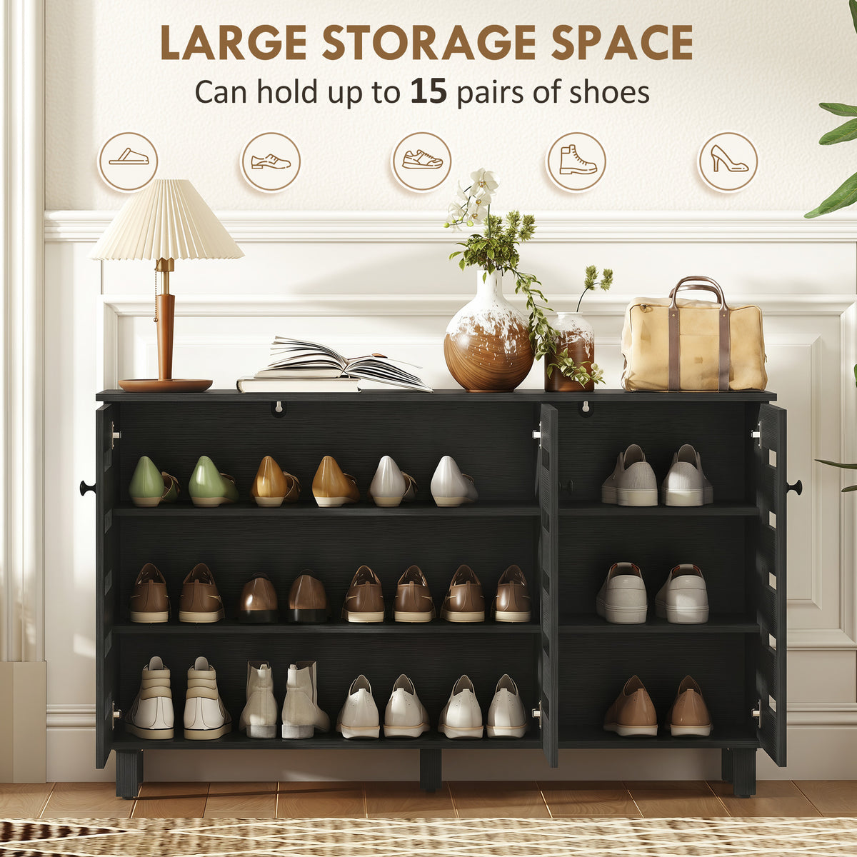 Shoe Cabinet with 3 Slatted Doors – 44"W x 26"H