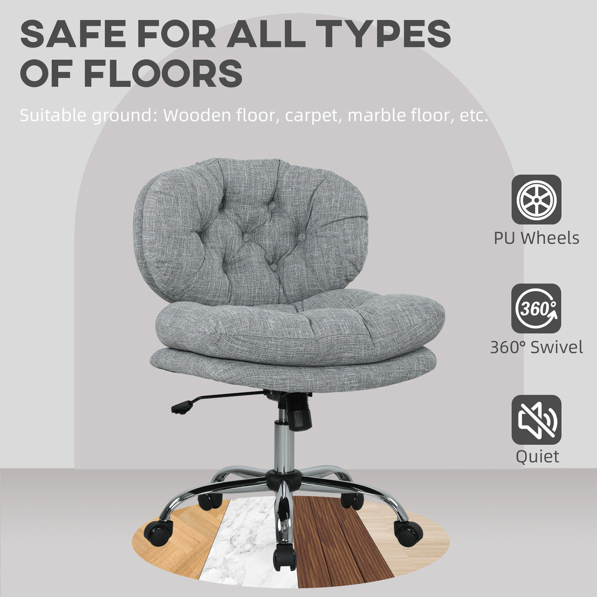 Computer Desk Chair, Armless Office Chair with Wide Padded Seat, Adjustable Height, Tilt Function, Grey