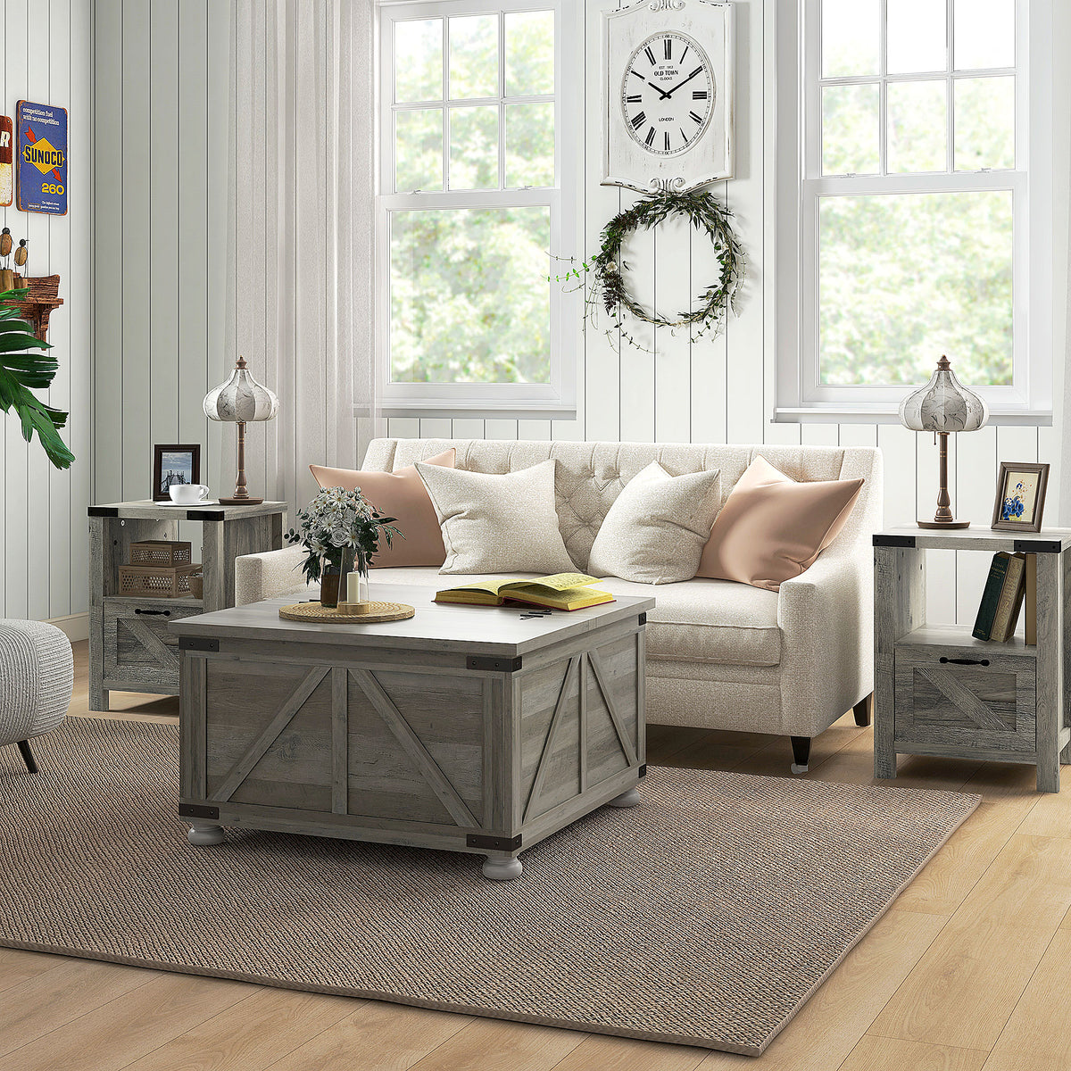 Farmhouse Square Coffee Table with Flip-Top Lids and Hidden Storage