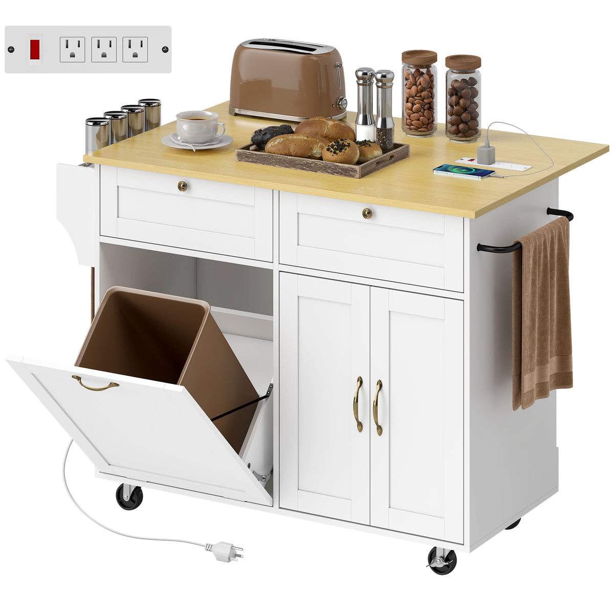 Kitchen Island Cart with Charging Station and Drop Leaf – 51"W x 35"H