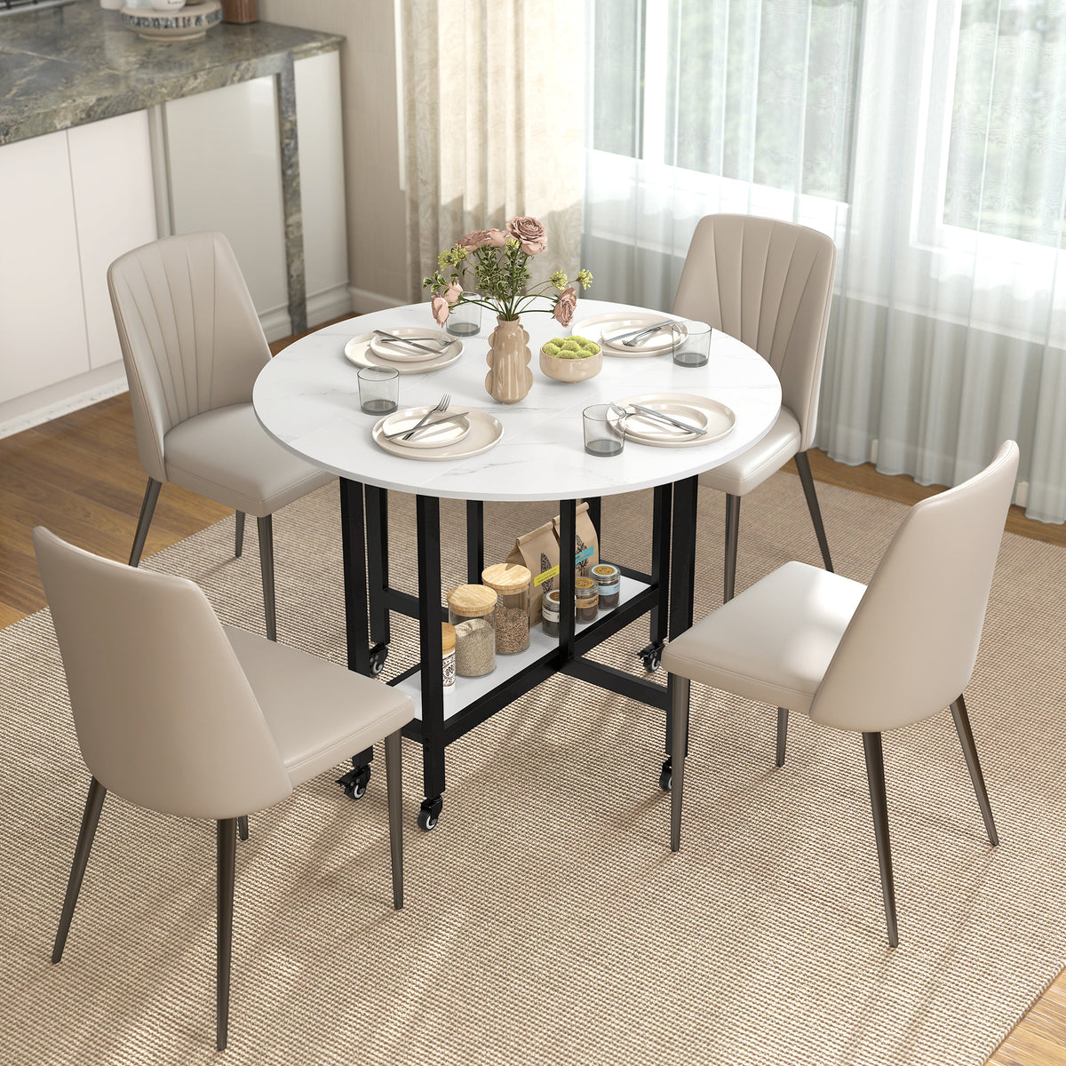 39" Round Folding Dining Table with Open Shelf and Lockable Wheels