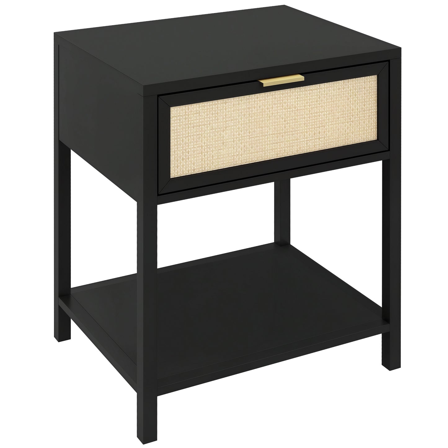HOMCOM Modern Boho Black Nightstand with Rattan Drawer & Open Shelf
