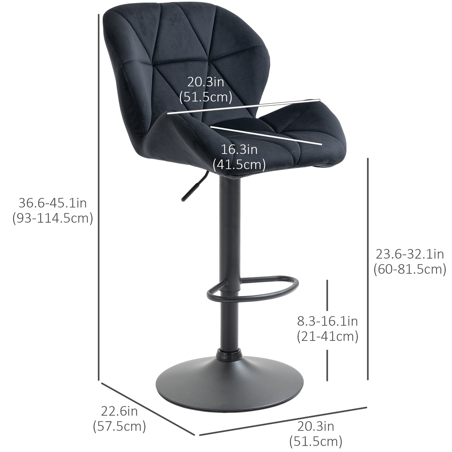 HOMCOM Black Fabric Adjustable Swivel Bar Stools Set of 2 with Armless Upholstery