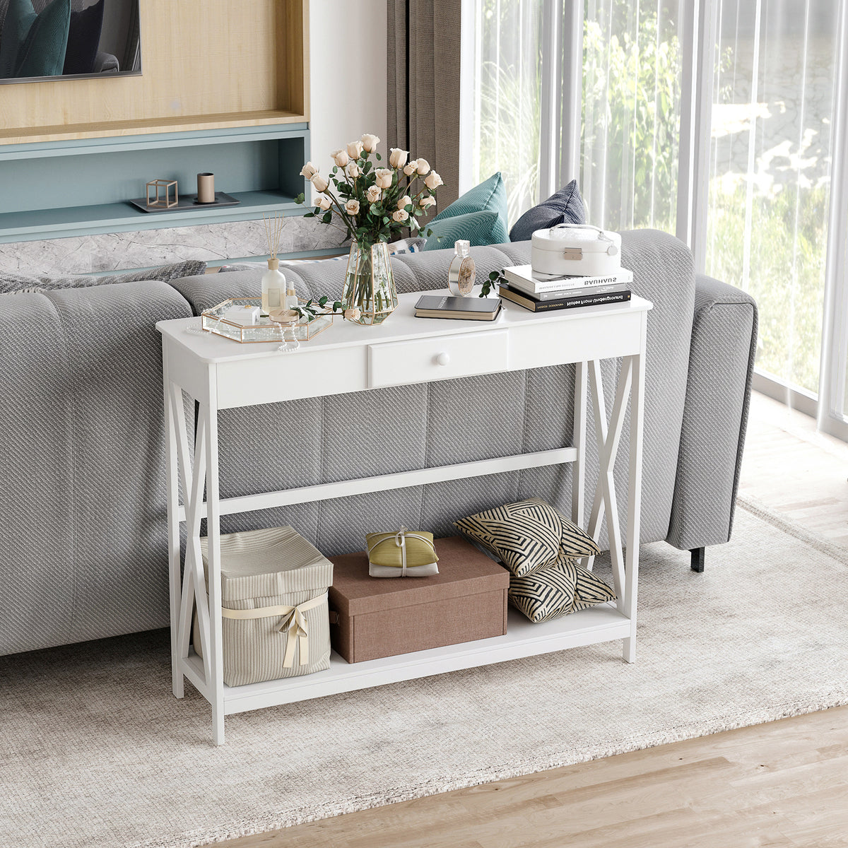 39" 2-Tier X-Design Console Table with Drawer