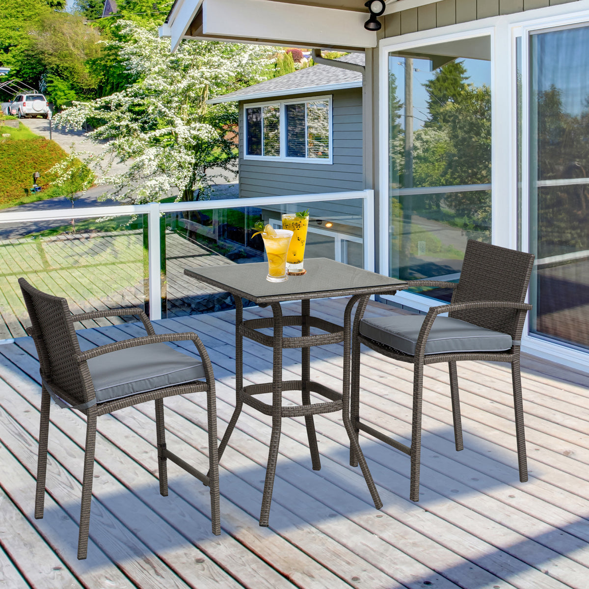 3 Pieces Patio Bar Set Wicker Garden Bistro Set Outdoor Furniture PE Rattan Table and Stools with Seat Cushion