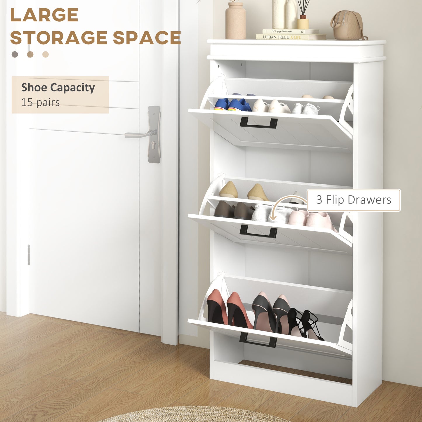 HOMCOM Slim 15-Pair Shoe Storage Cabinet, 3 Flip Drawers, Adjustable Shelves, White