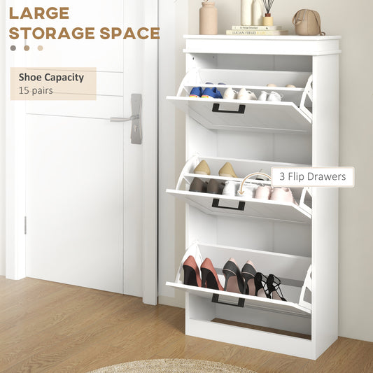 HOMCOM Slim 15-Pair Shoe Storage Cabinet, 3 Flip Drawers, Adjustable Shelves, White