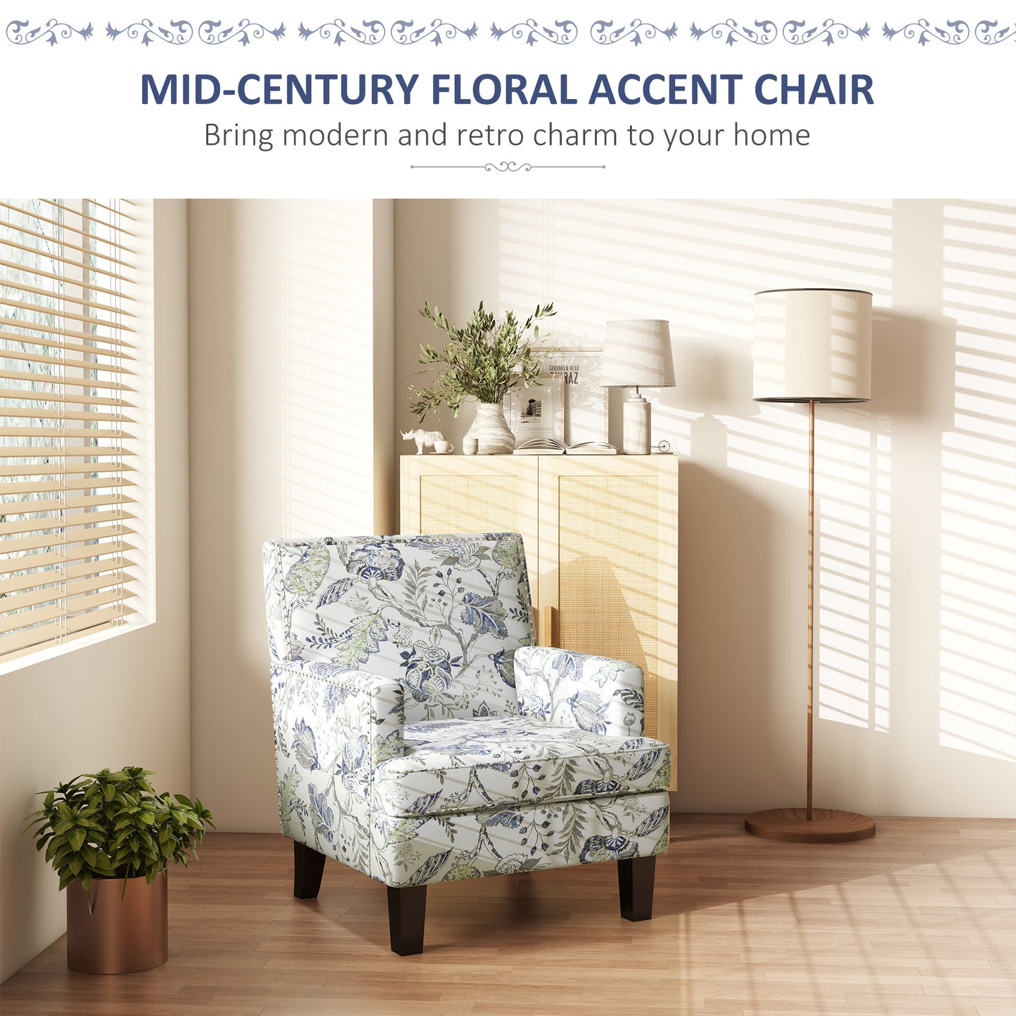 HOMCOM Mid-Century Upholstered Accent Armchair, Floral Pattern, Nailhead Trim, Multicolour