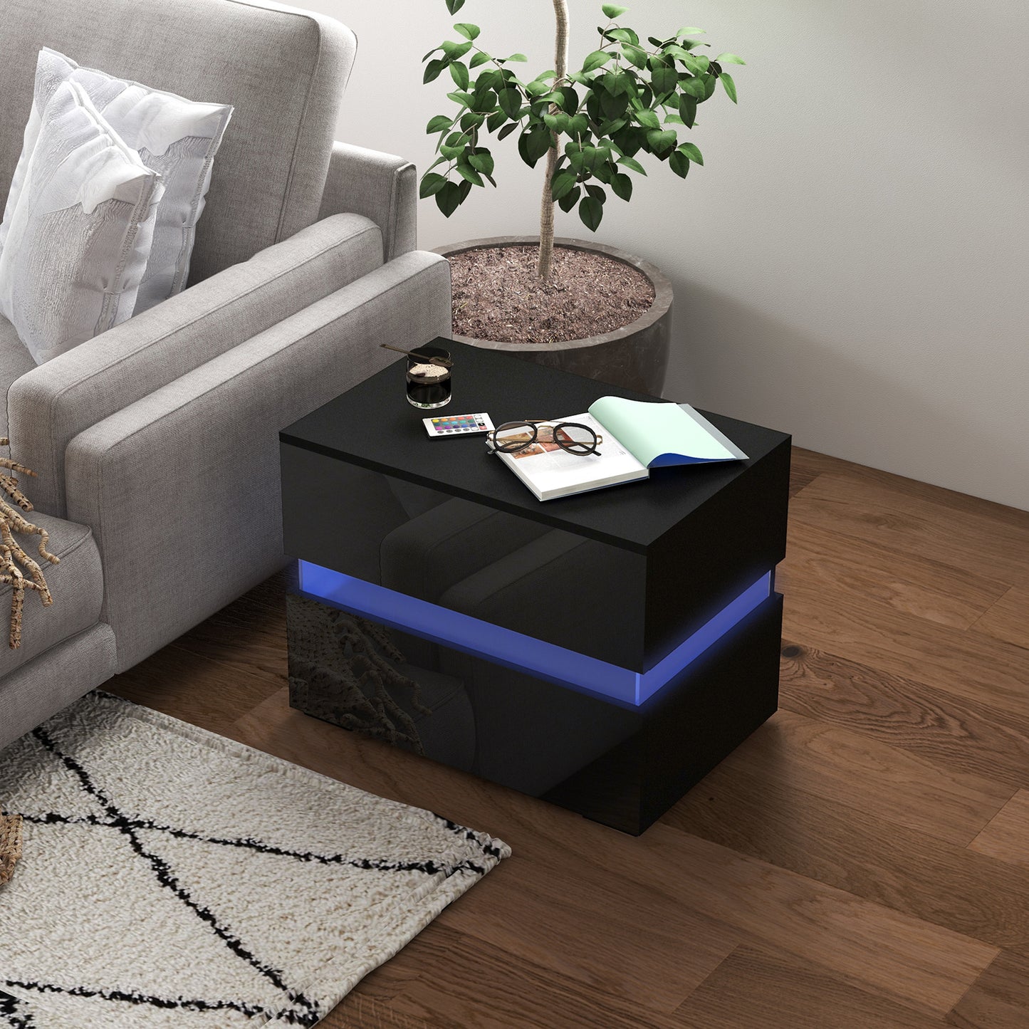Modern Black Nightstand, 2 Gloss Drawers, USB RGB LED Remote Lights