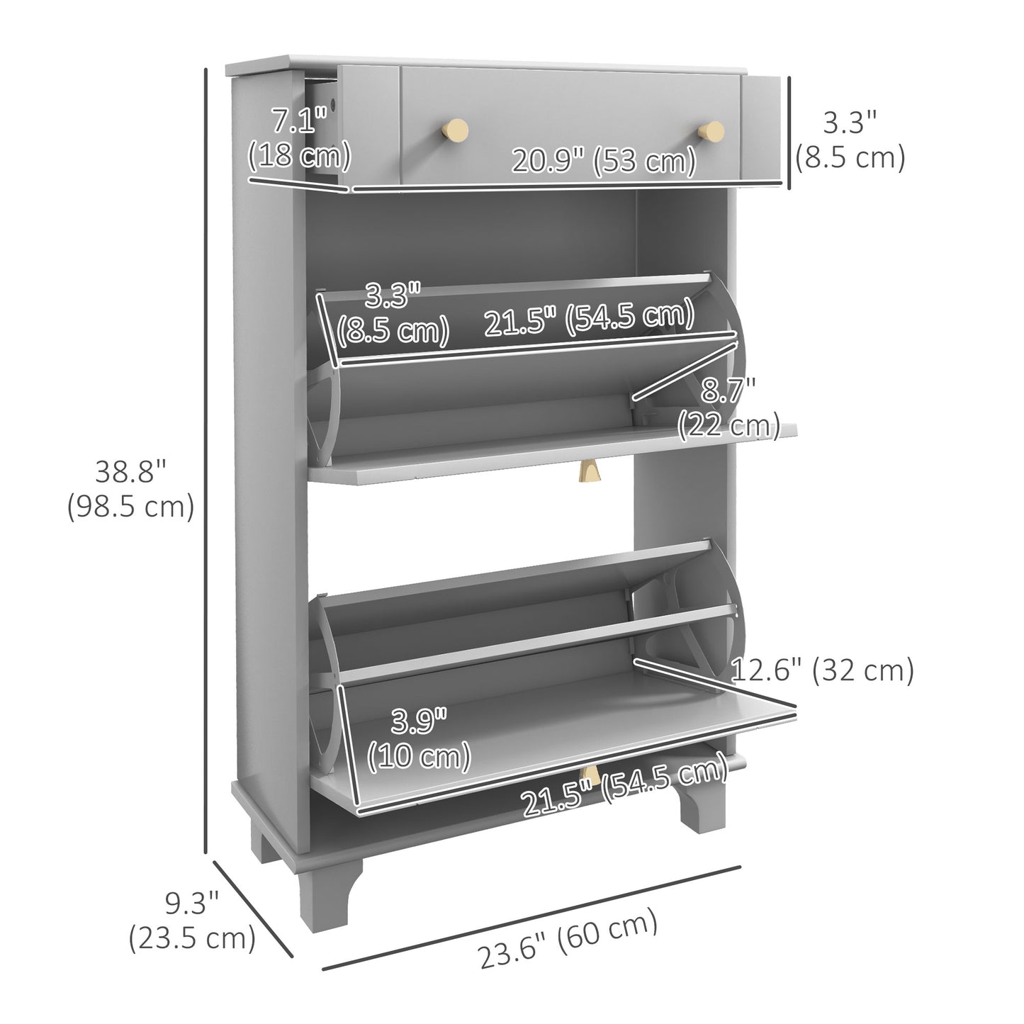 HOMCOM Slim Grey Shoe Storage Cabinet with 2 Flip Drawers, Adjustable Shelves, 8 Pair Capacity