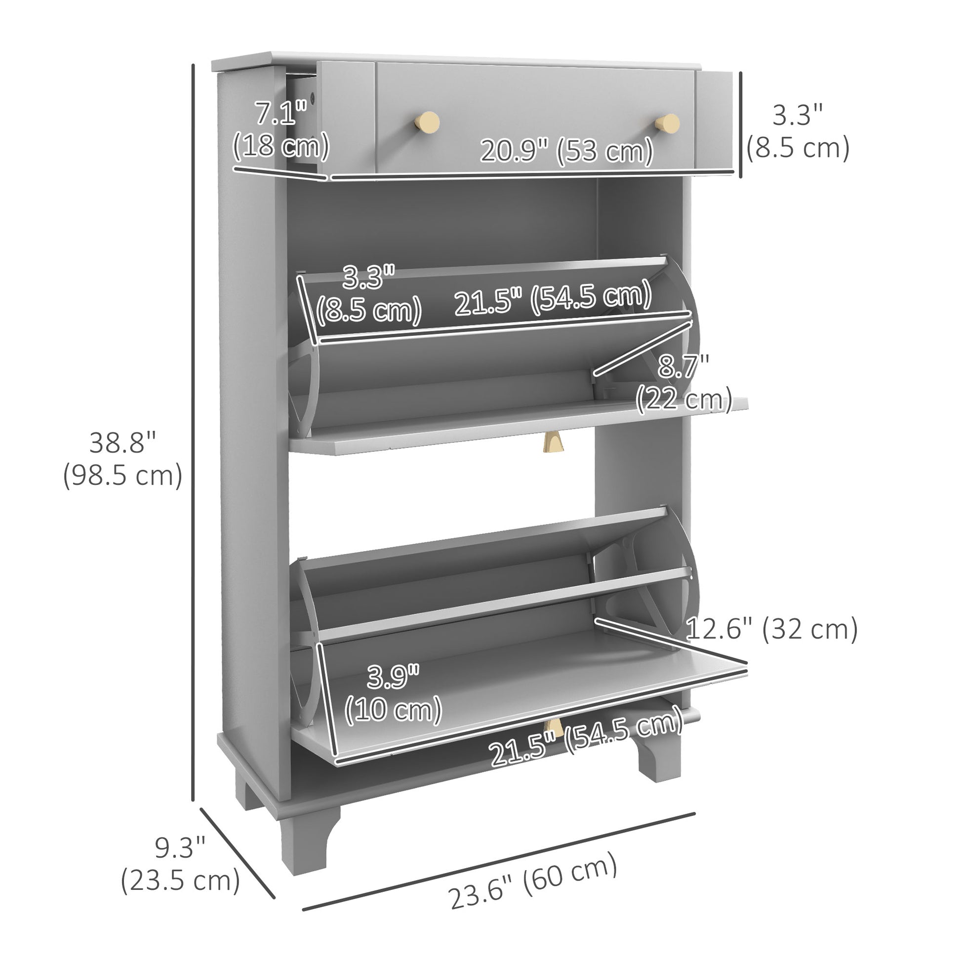 HOMCOM Slim Grey Shoe Storage Cabinet with 2 Flip Drawers, Adjustable Shelves, 8 Pair Capacity