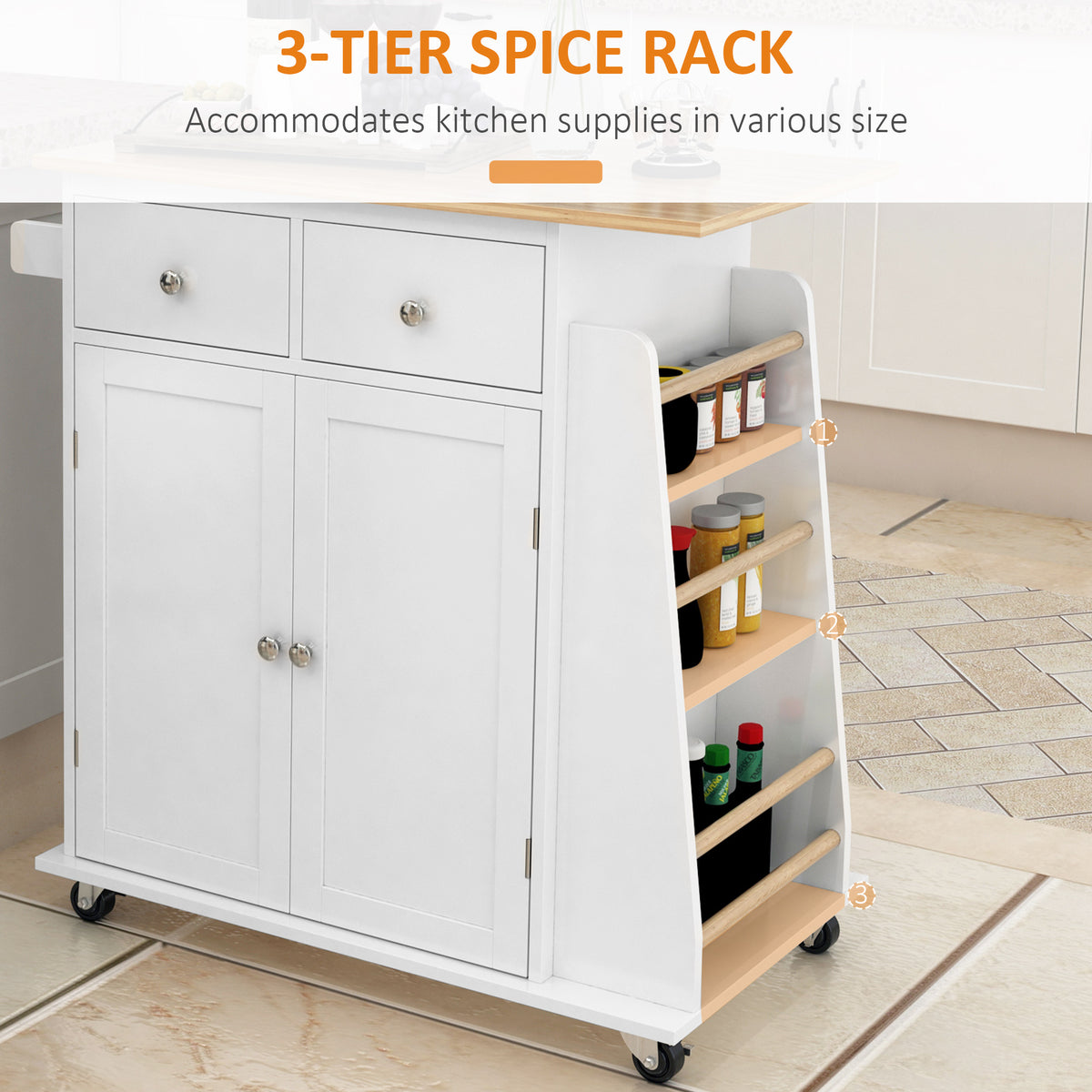 Rolling Kitchen Island Trolley Storage Cart with Rubber Wood Top – 35"W x 35"H