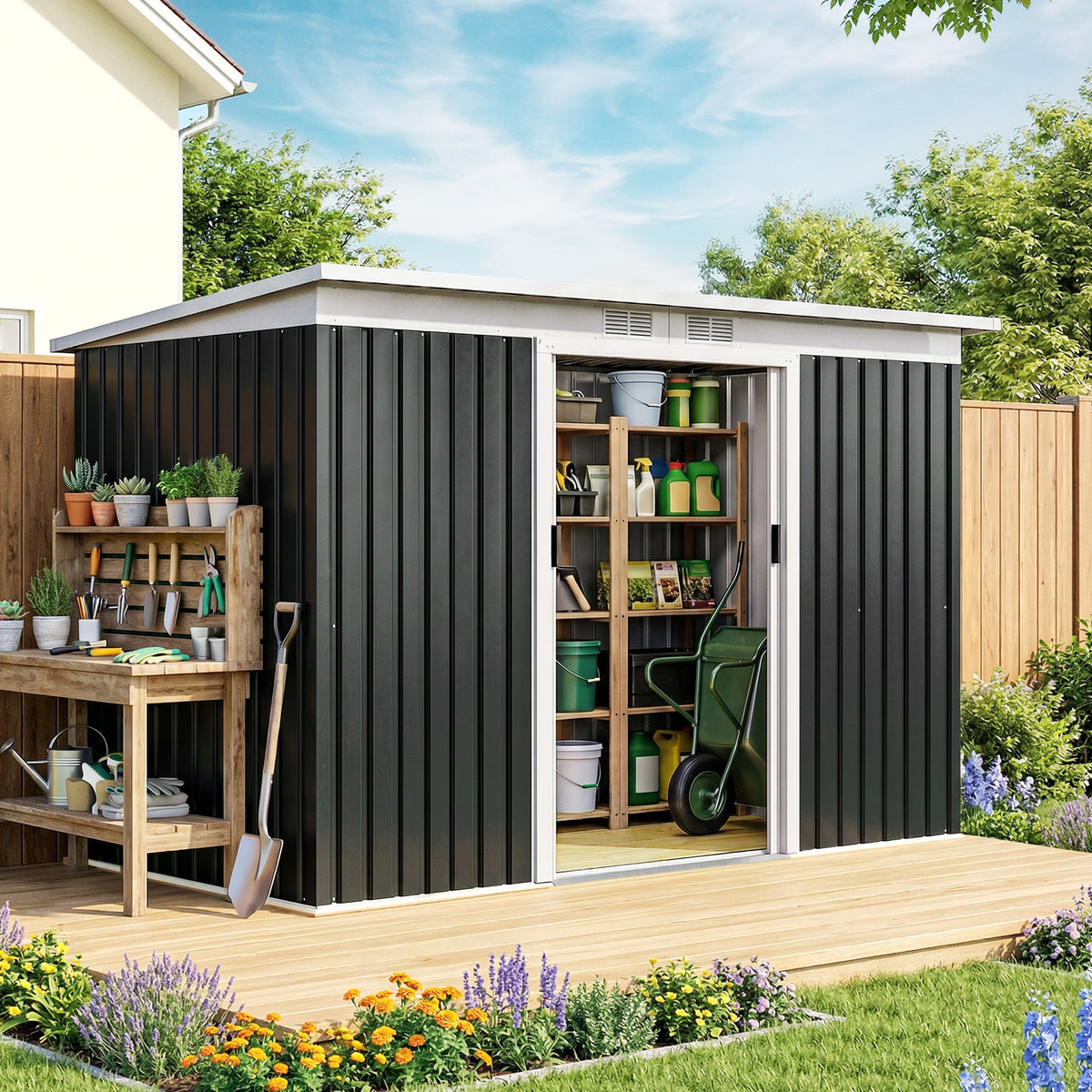 9' x 4' Garden Metal Storage Shed Outdoor Equipment Tool Box with Foundation Kit, Ventilation & Doors – Dark Grey