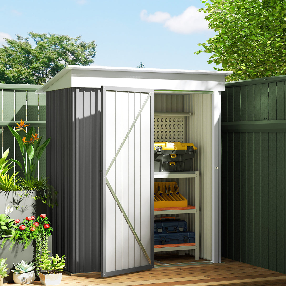 Outdoor Storage Shed, Steel Lean-to Shed with Adjustable Shelf, Lock, Gloves, 5'x3'x6' – Grey