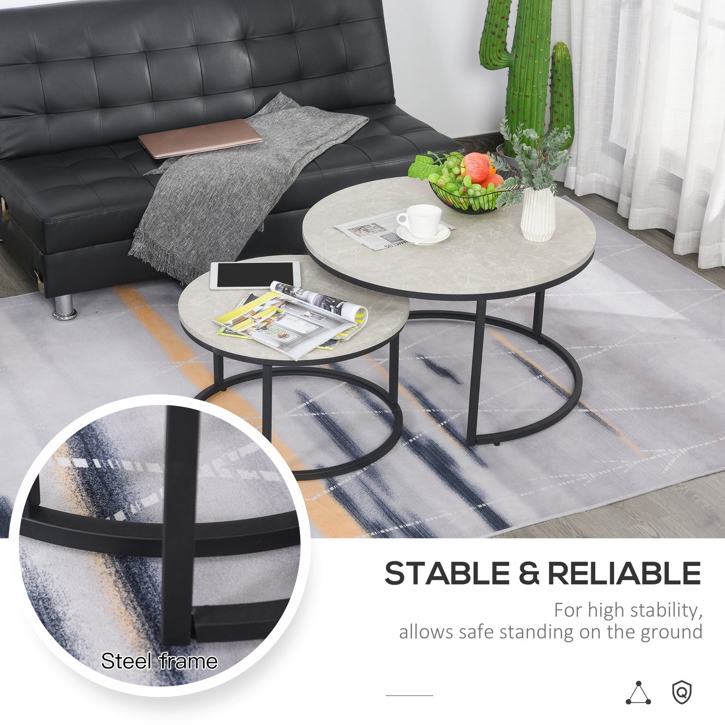 HOMCOM Modern 2-Piece Nesting Coffee Table Set, Round Cement Grey Living Room