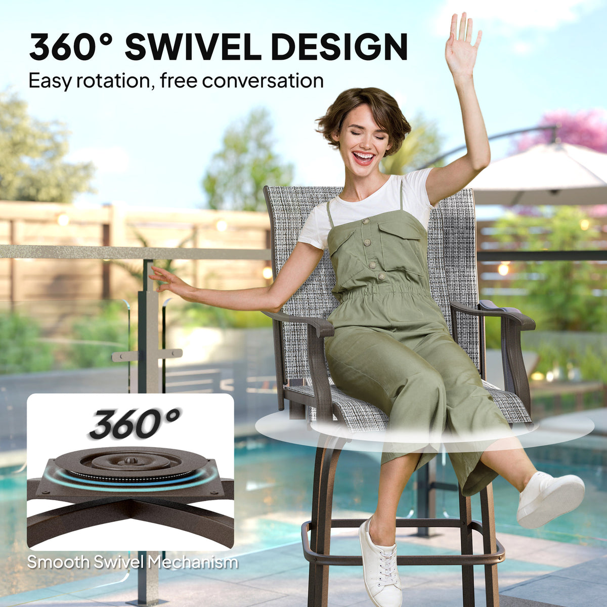Outdoor Bar Stools Set of 2, Swivel Bar Height Chairs with High Back, Curved Armrests and Steel Frame